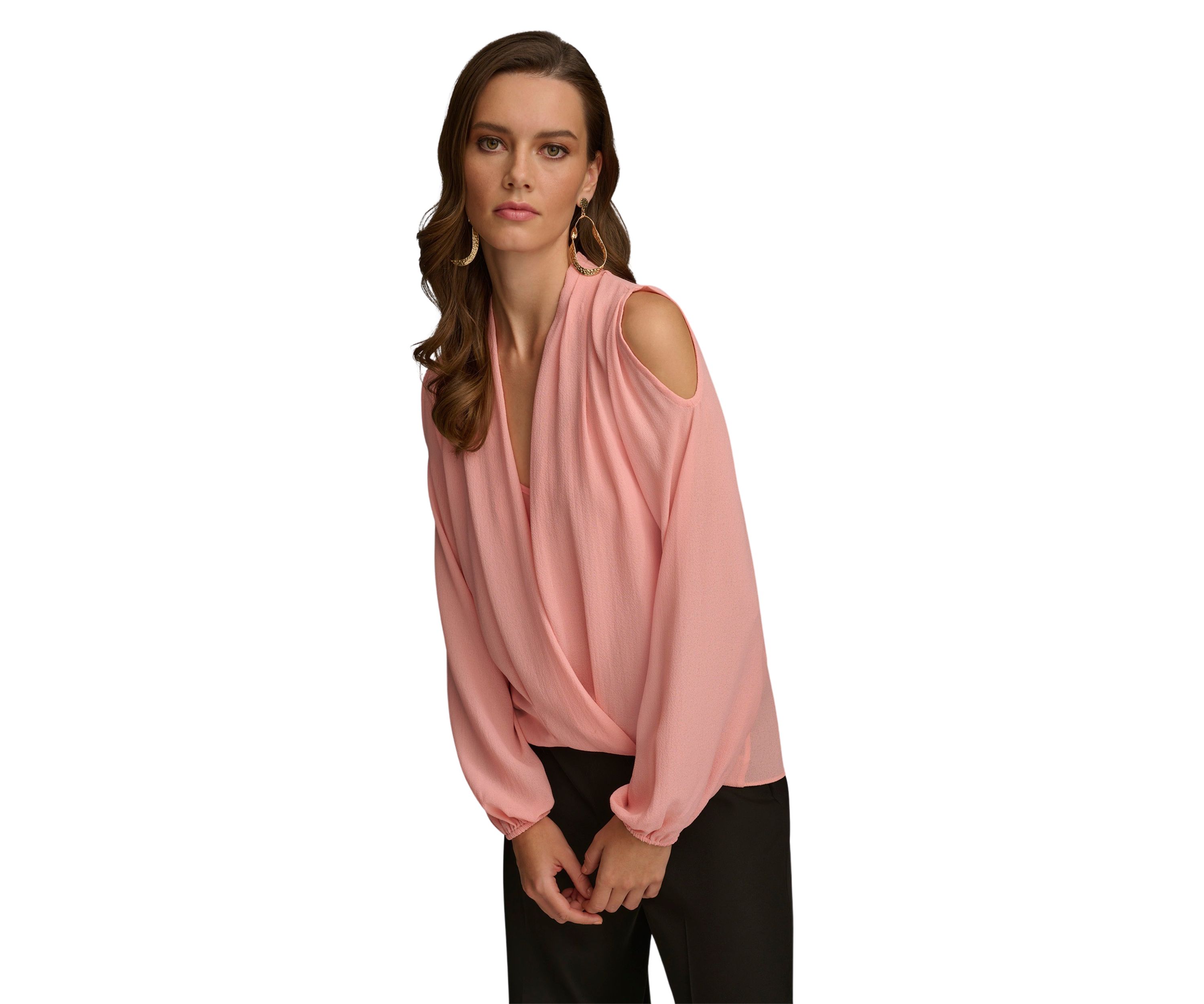 Womens Cold Shoulder Blouson Wrap Blouse