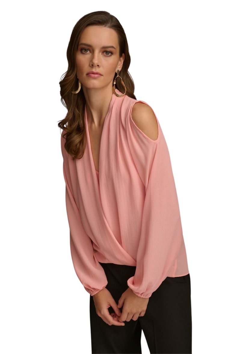 Womens Cold Shoulder Blouson Wrap Blouse