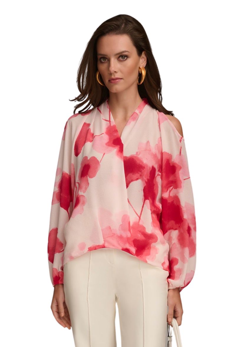 Womens Cold Shoulder Printed Wrap Blouse