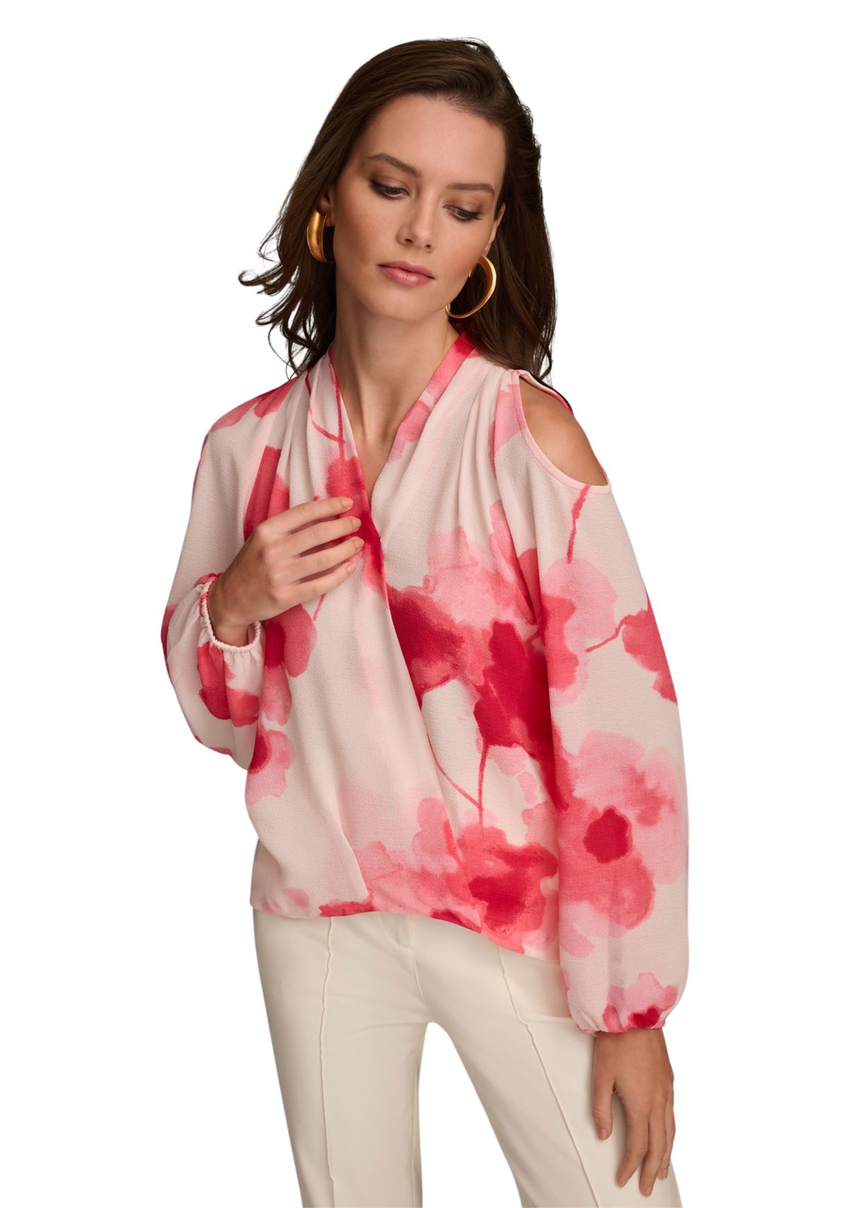 Womens Cold Shoulder Printed Wrap Blouse