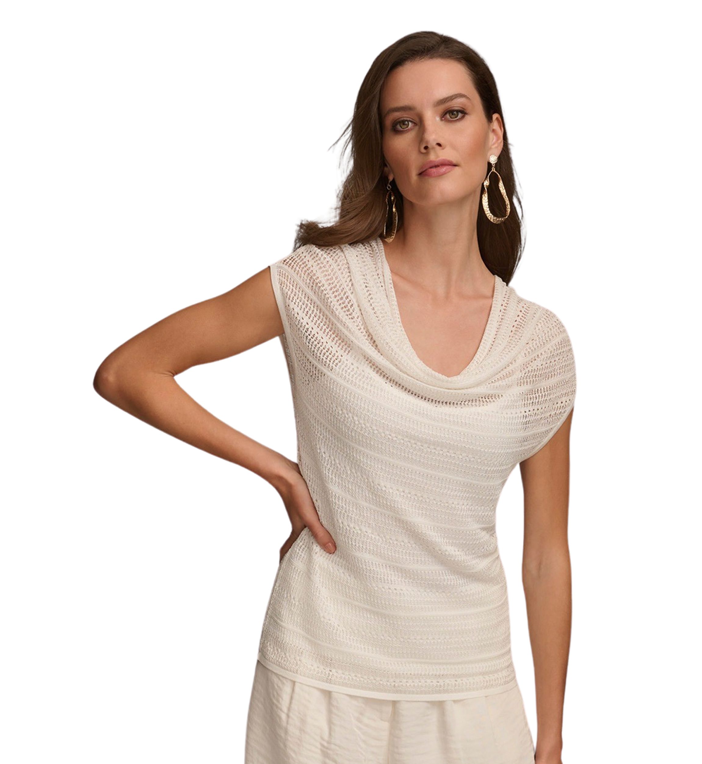 Womens Short Sleeve Pointelle Cowl Neck Top 
