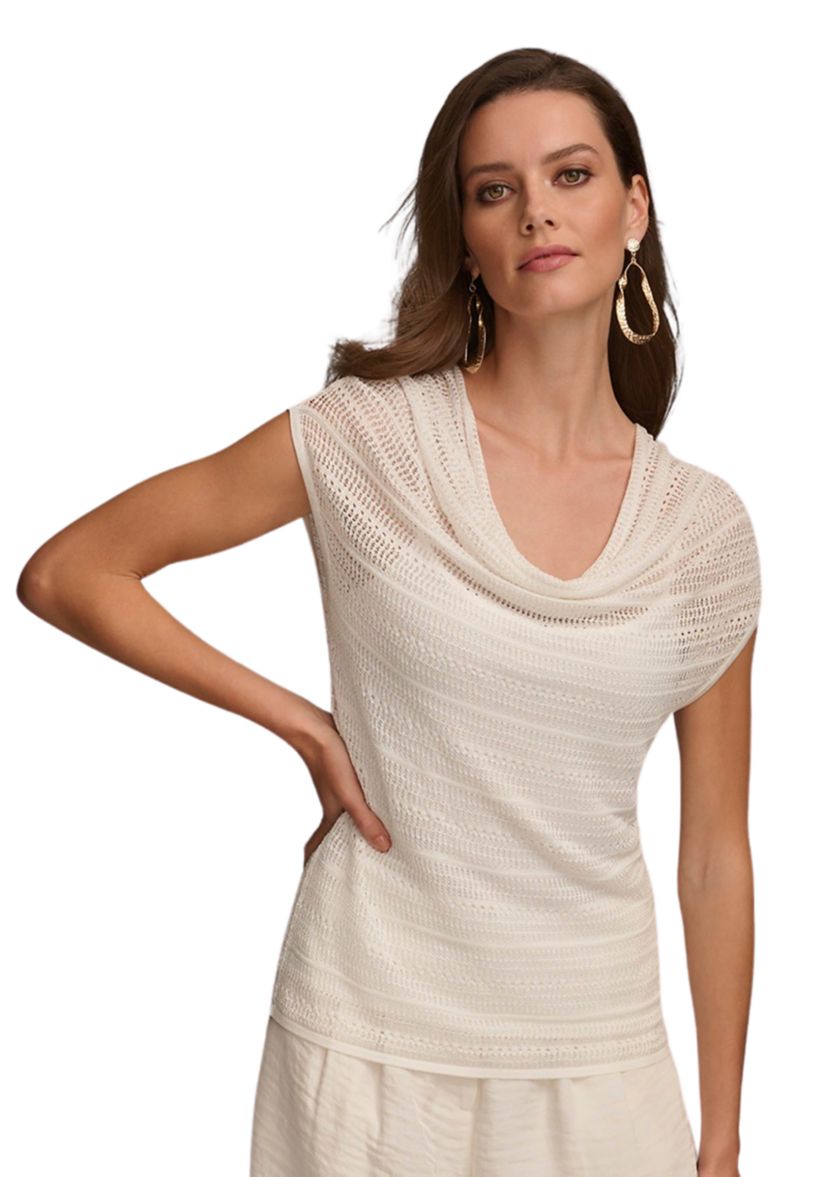 Womens Short Sleeve Pointelle Cowl Neck Top 