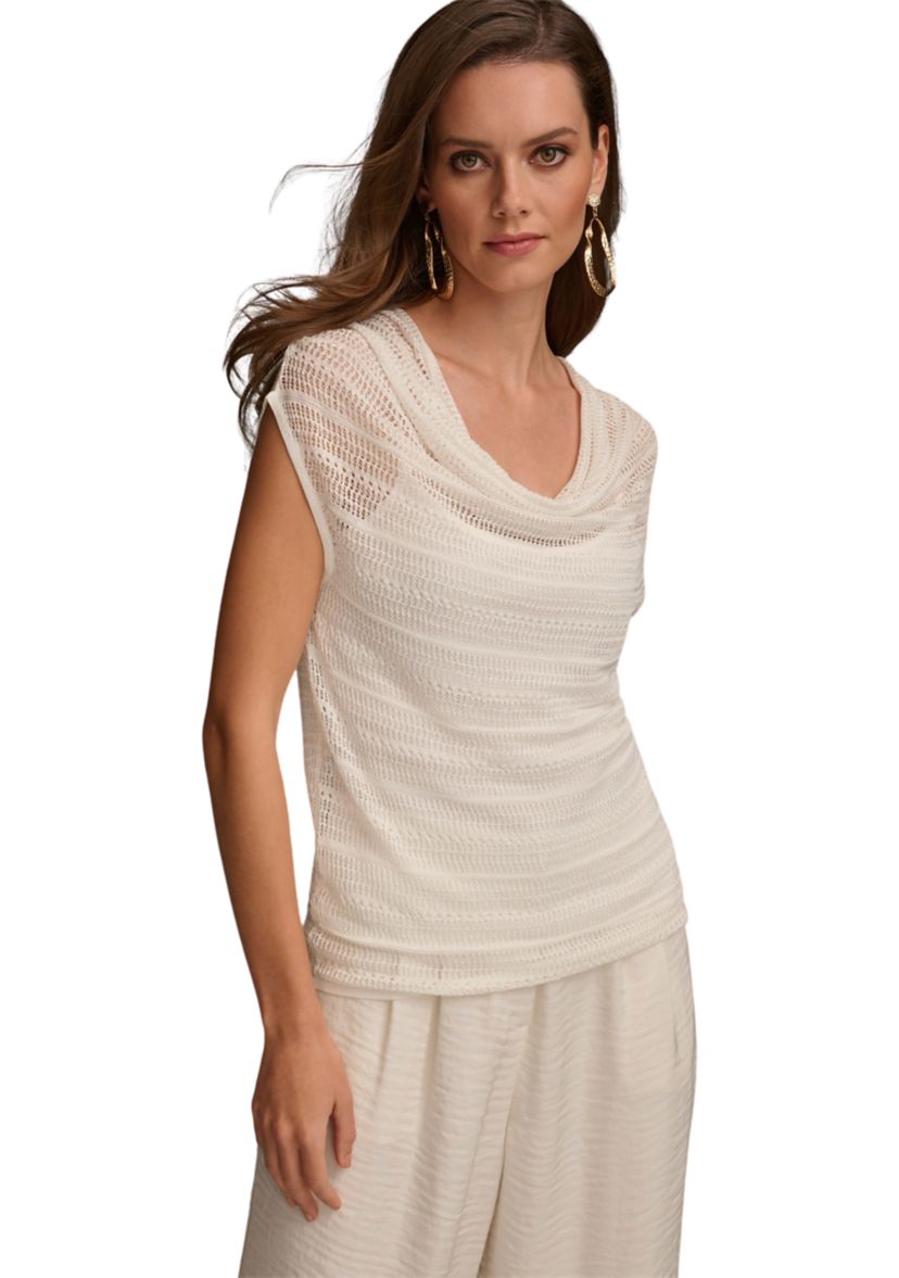 Womens Short Sleeve Pointelle Cowl Neck Top 