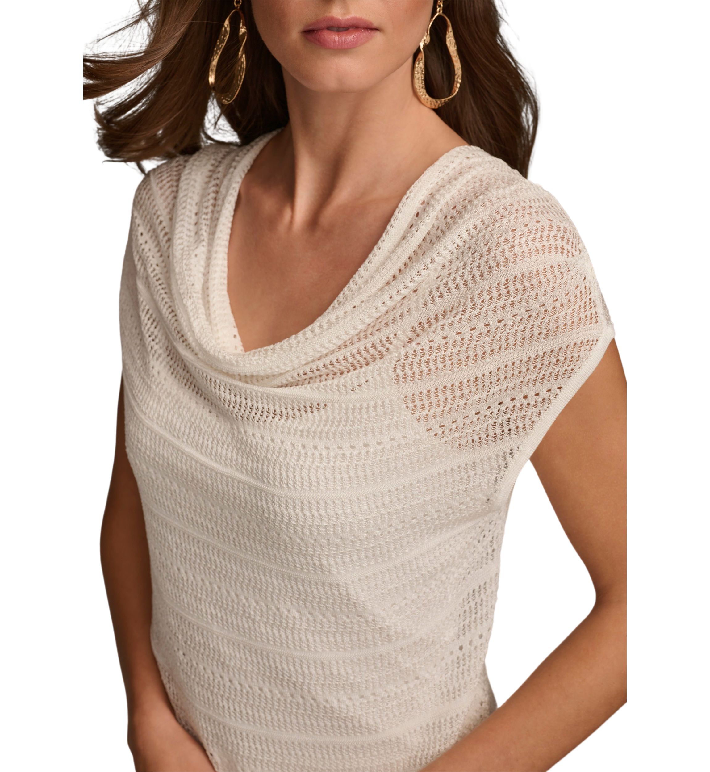 Womens Short Sleeve Pointelle Cowl Neck Top 