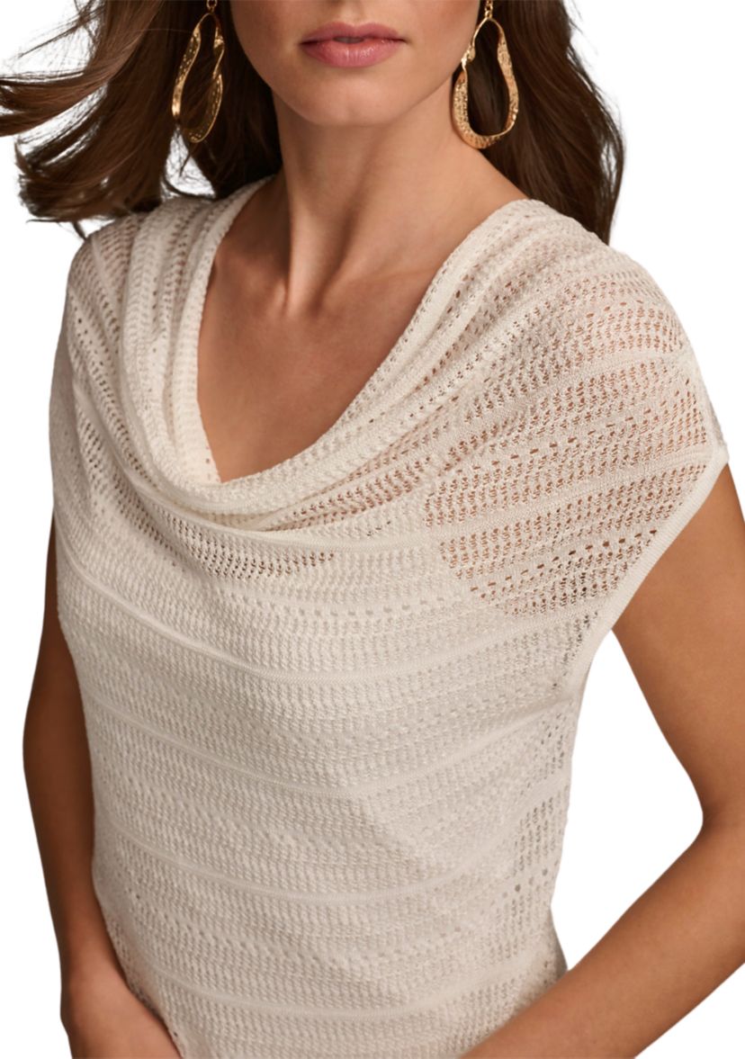 Womens Short Sleeve Pointelle Cowl Neck Top 
