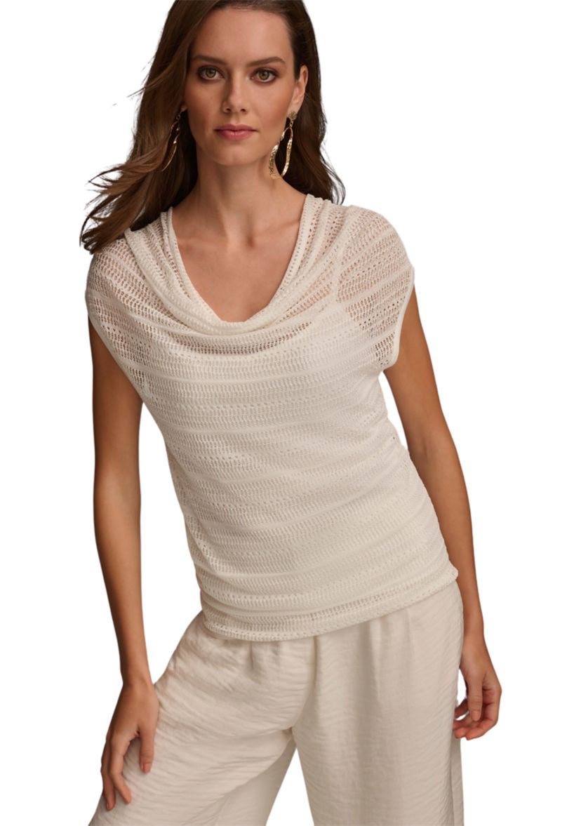 Womens Short Sleeve Pointelle Cowl Neck Top 