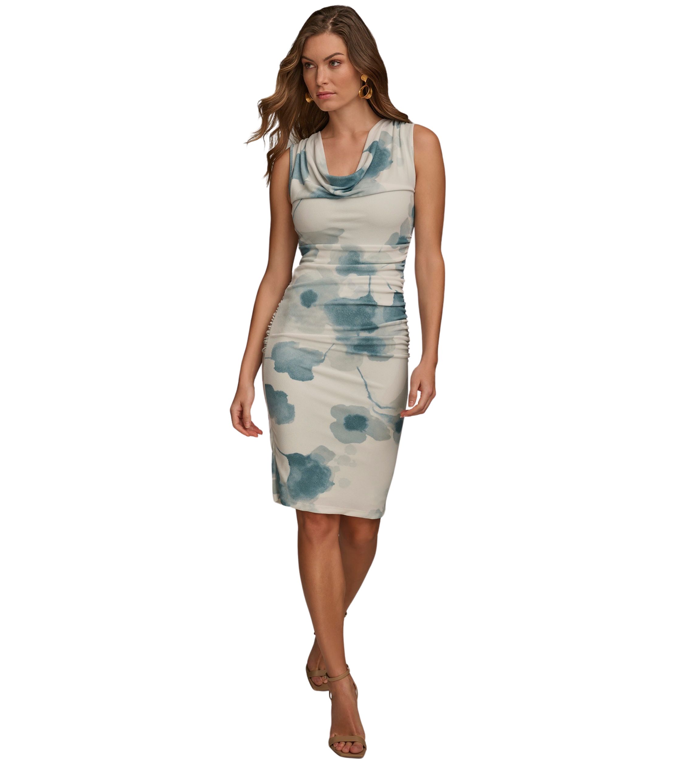 Womens Sleeveless Cowl Neck Ruched Printed Dress
