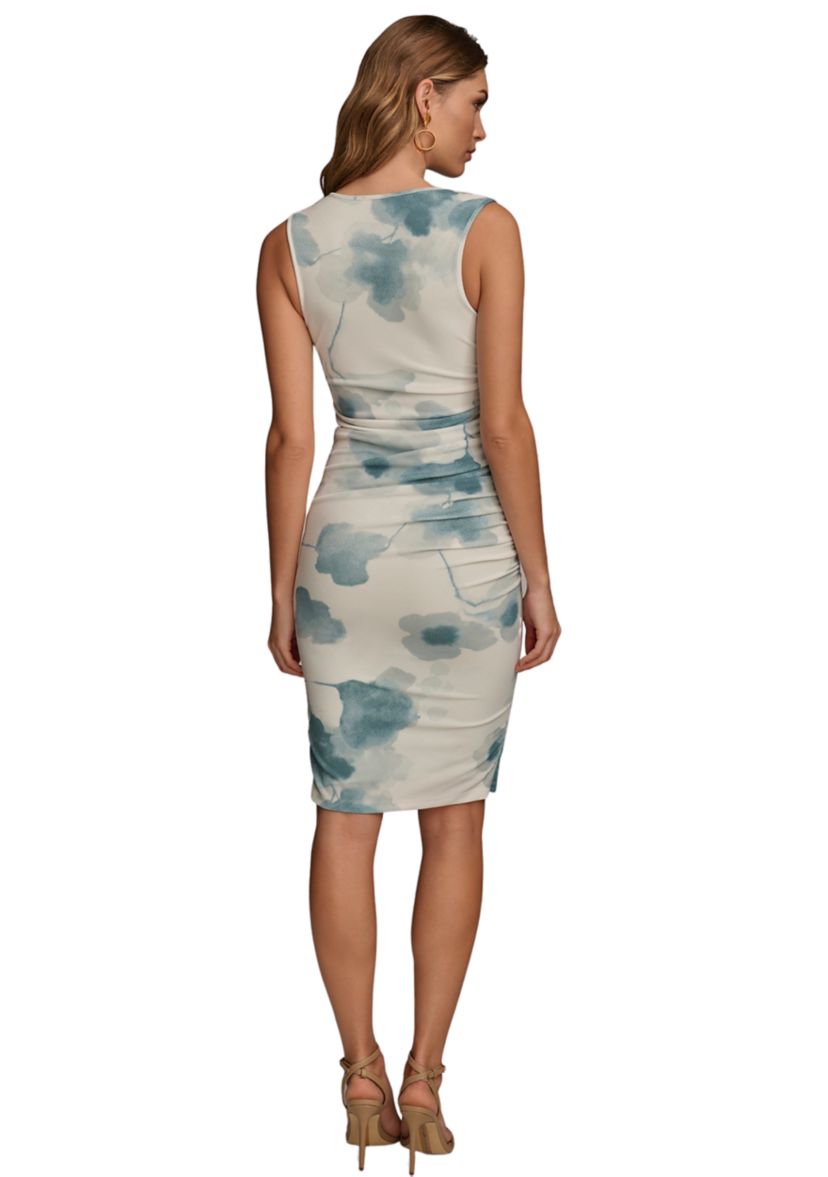 Womens Sleeveless Cowl Neck Ruched Printed Dress