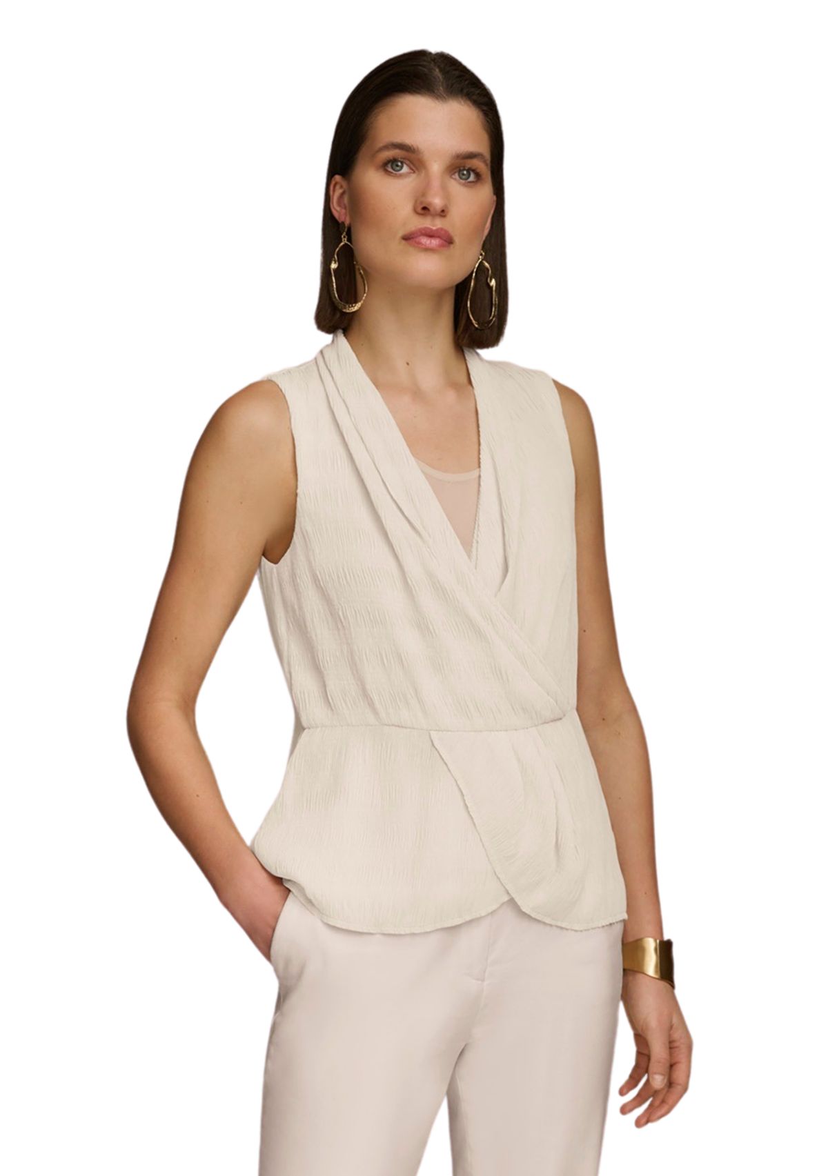 Womens Sleeveless Textured Crepe Peplum Blouse