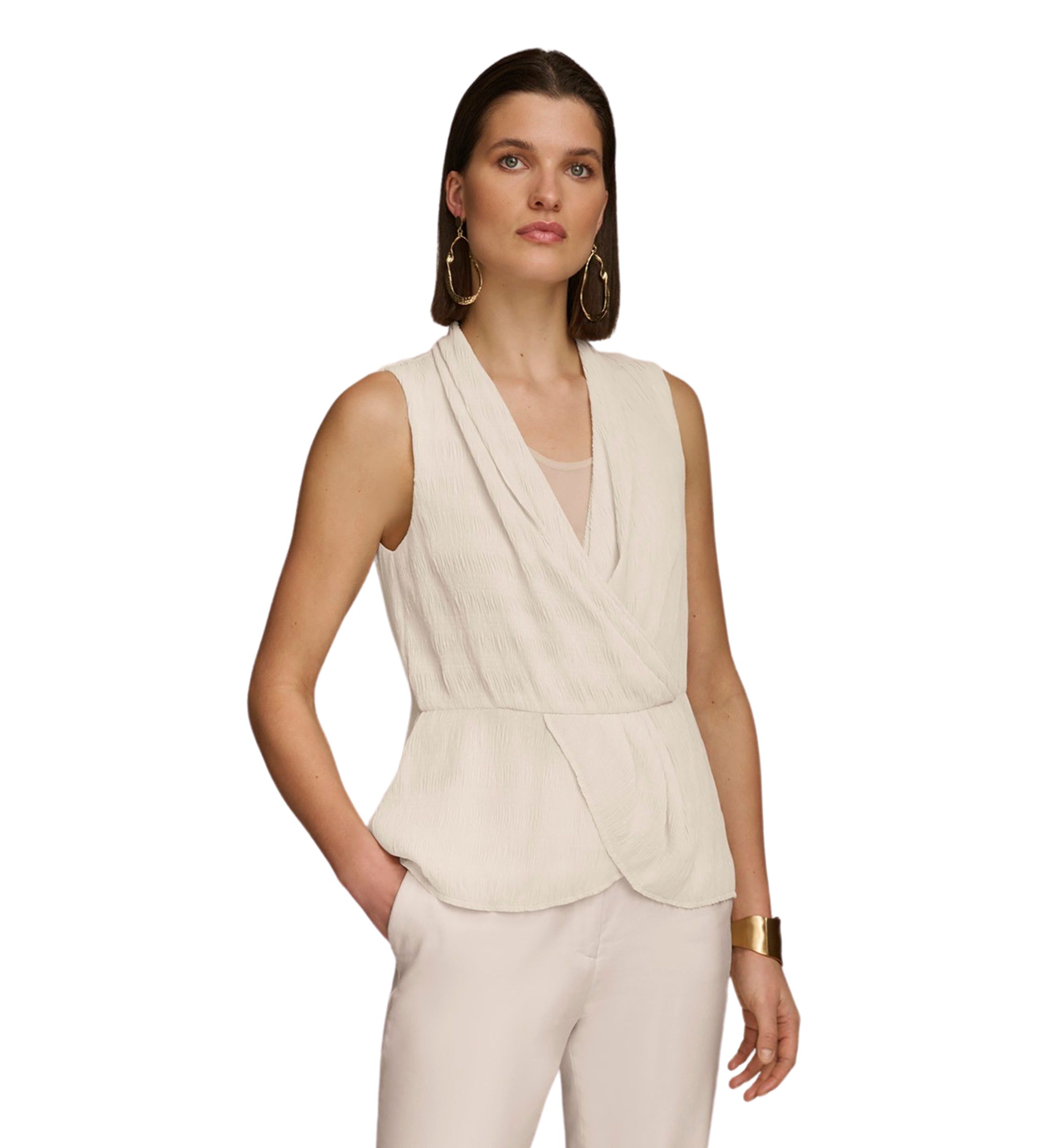 Womens Sleeveless Textured Crepe Peplum Blouse