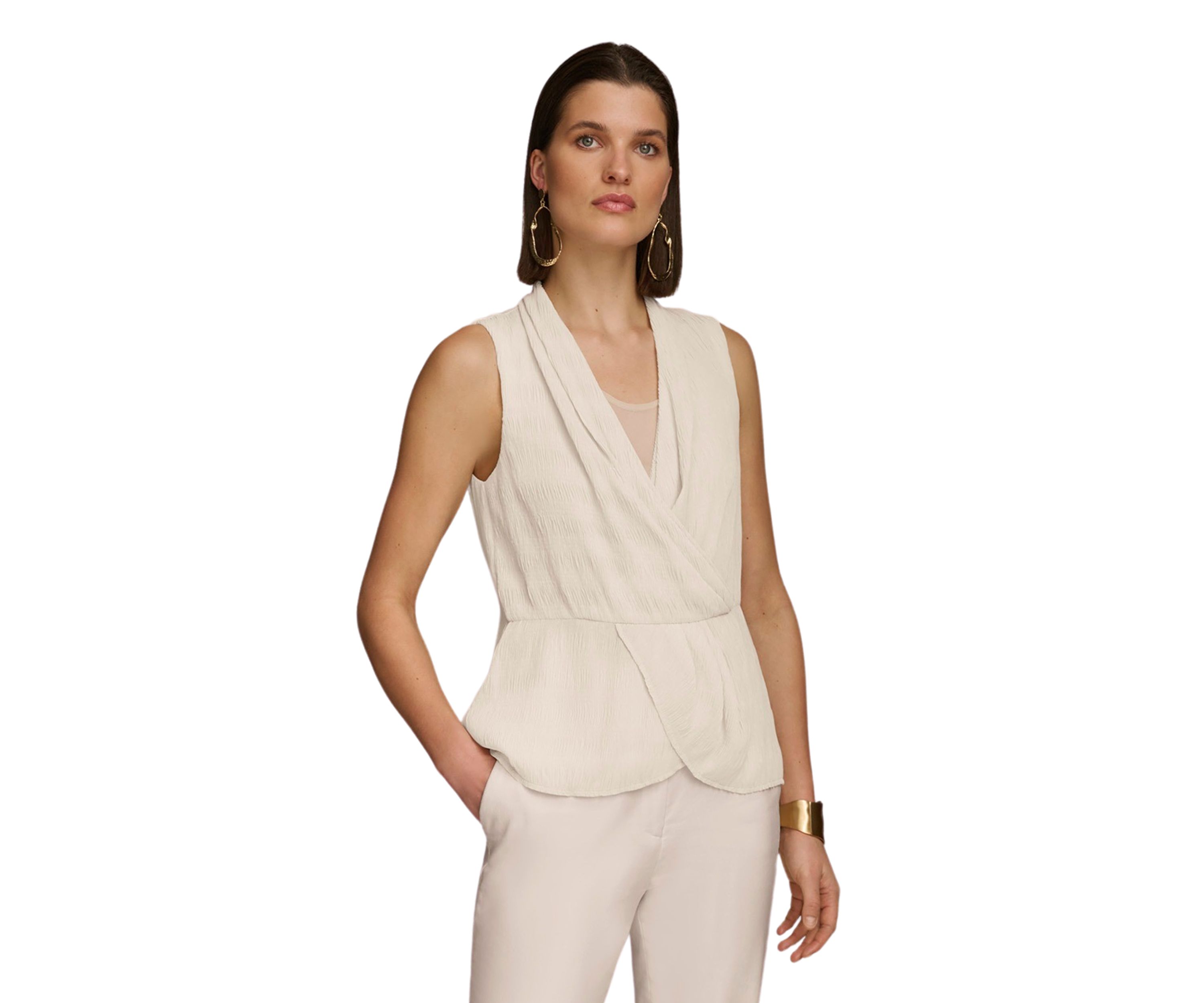 Womens Sleeveless Textured Crepe Peplum Blouse
