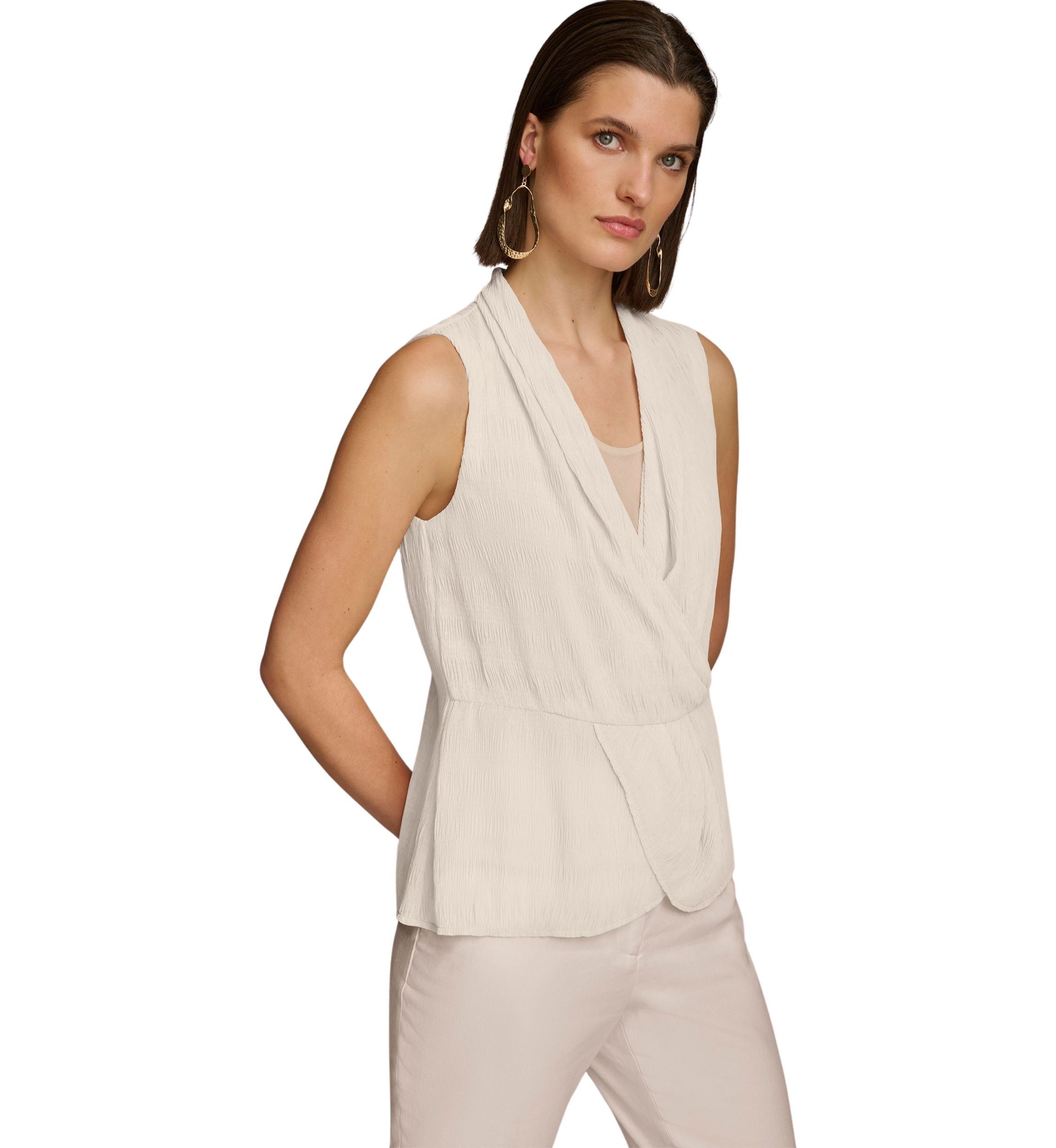 Womens Sleeveless Textured Crepe Peplum Blouse