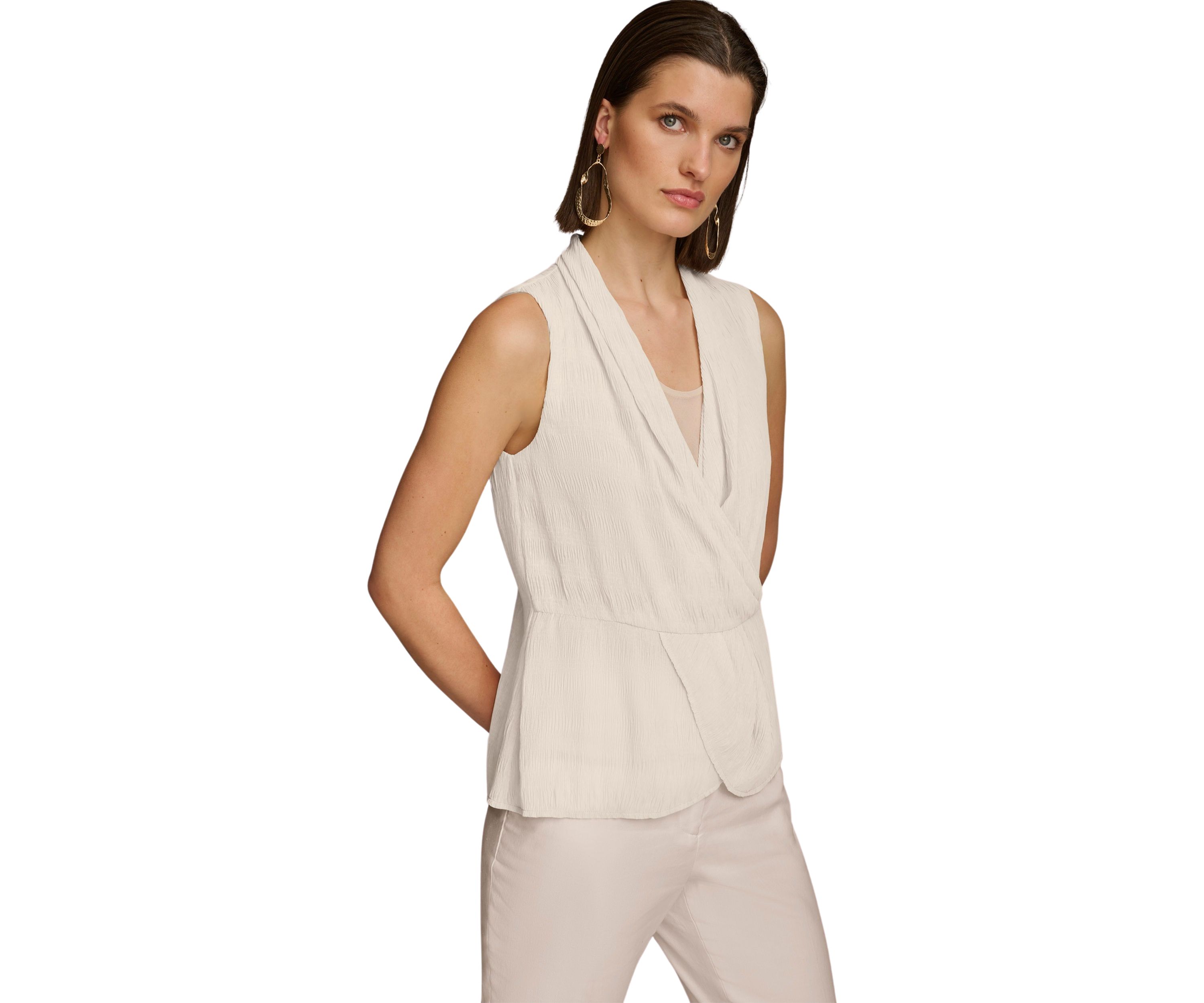 Womens Sleeveless Textured Crepe Peplum Blouse