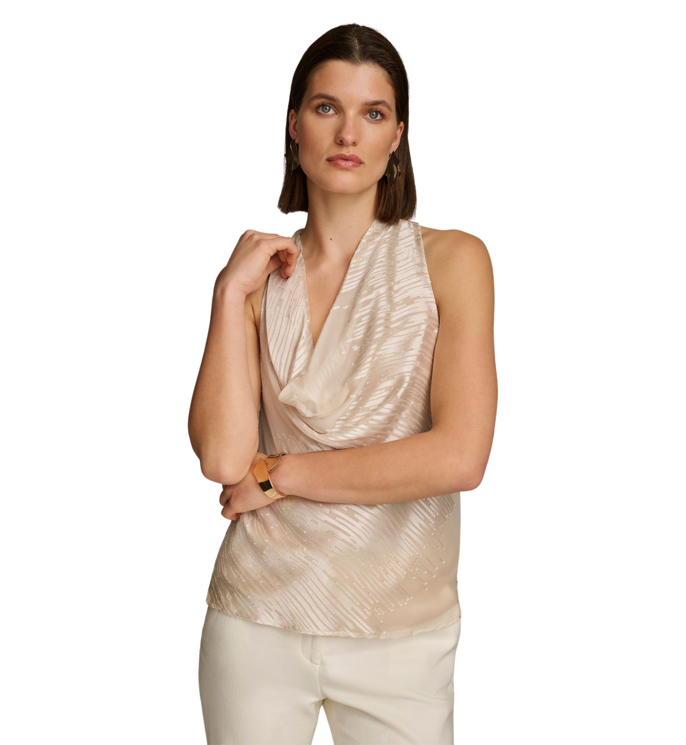 Womens Sleeveless Cowl Neck Lurex Textured Tank Top
