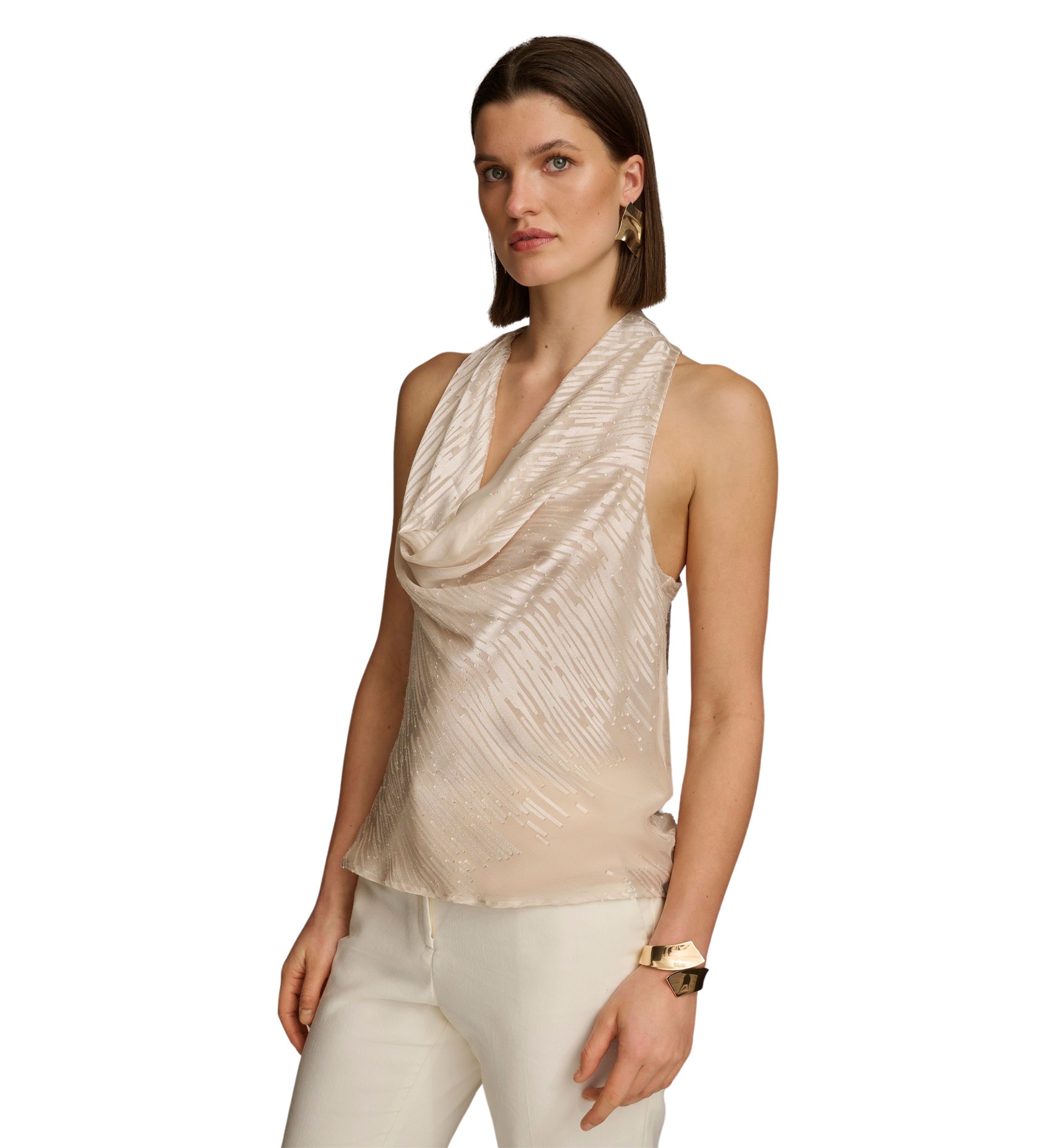 Womens Sleeveless Cowl Neck Lurex Textured Tank Top