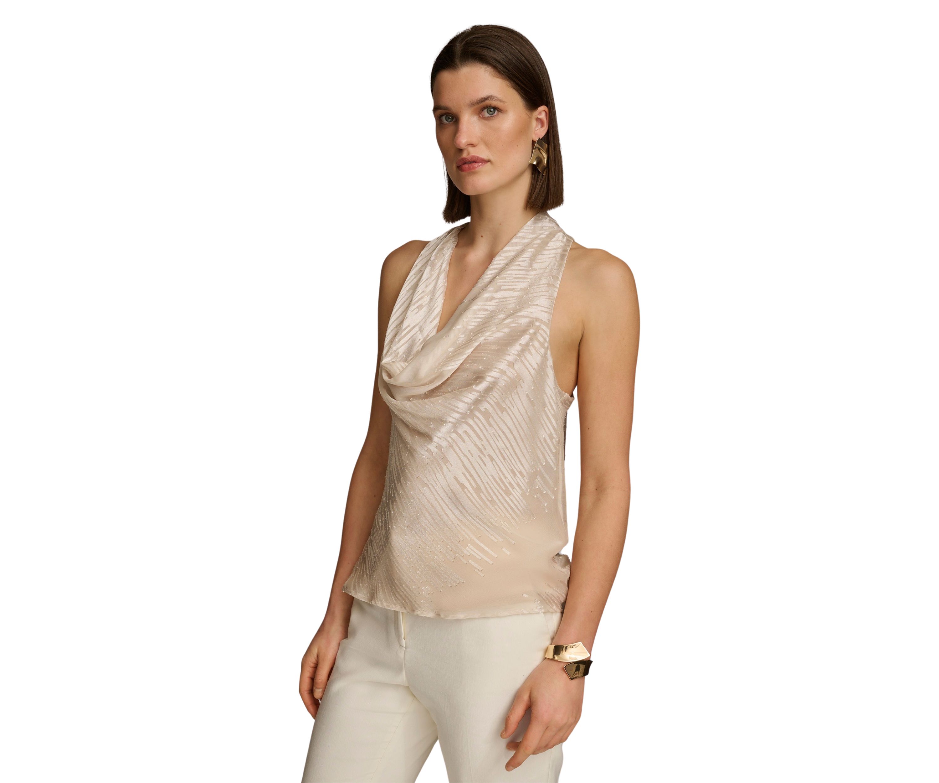 Womens Sleeveless Cowl Neck Lurex Textured Tank Top