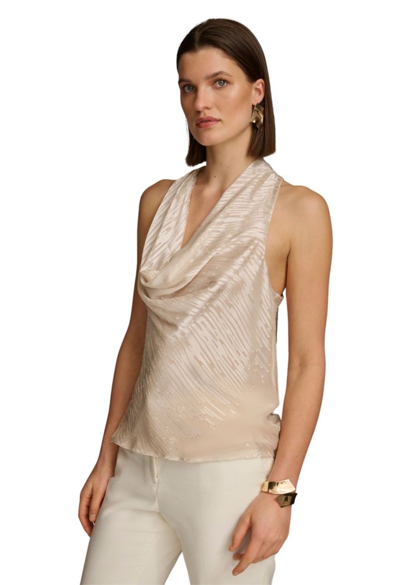 Womens Sleeveless Cowl Neck Lurex Textured Tank Top