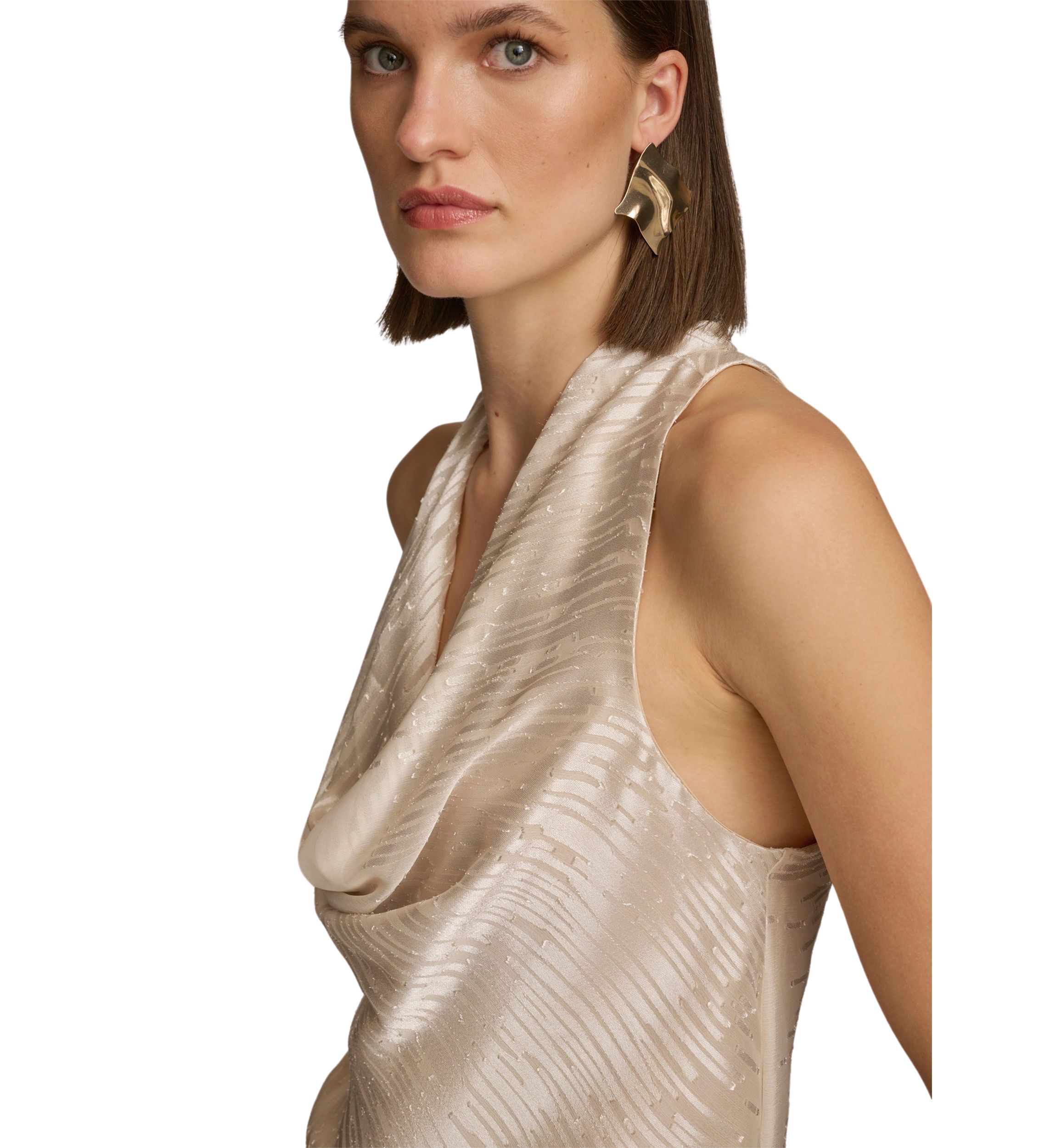 Womens Sleeveless Cowl Neck Lurex Textured Tank Top