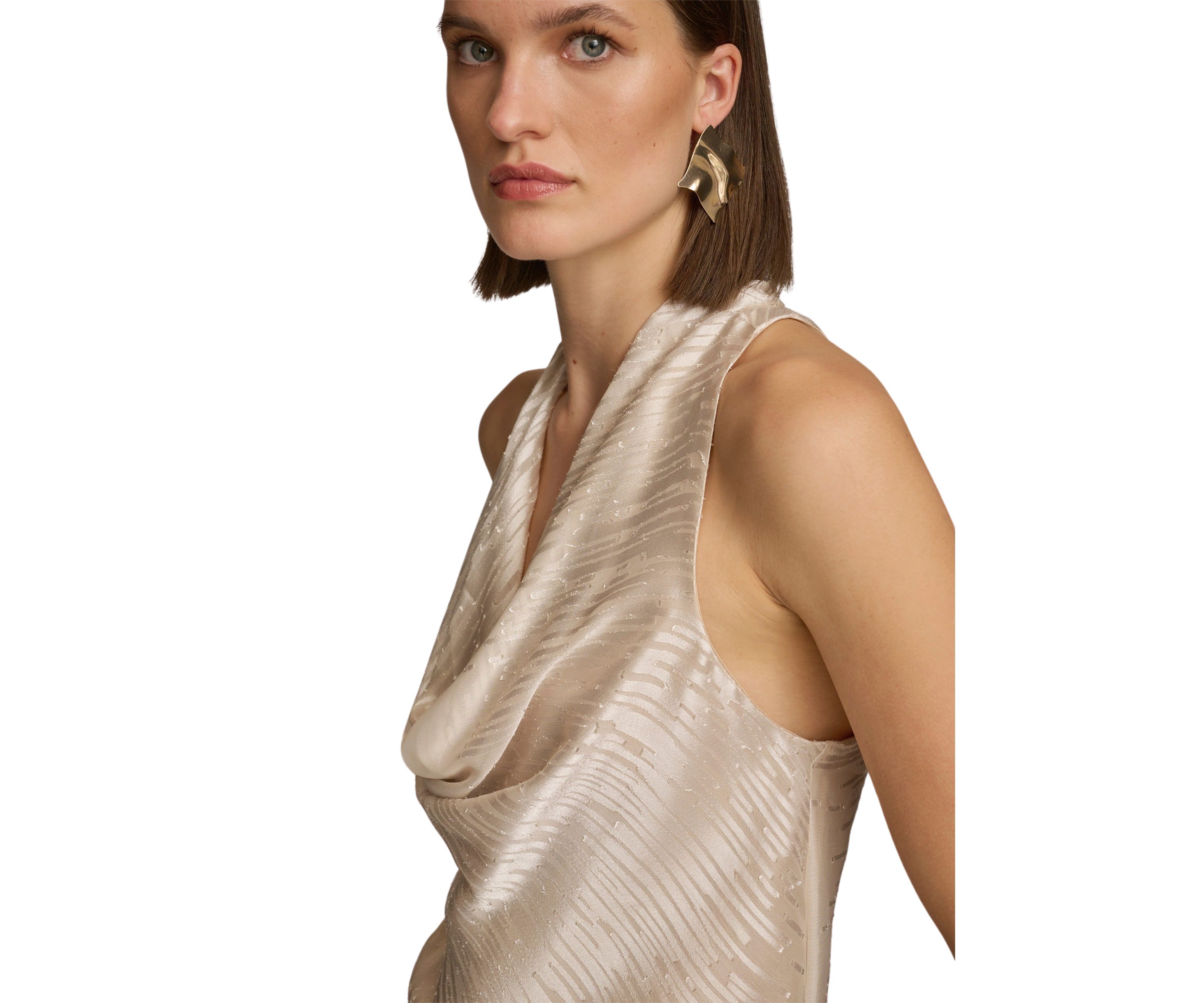 Womens Sleeveless Cowl Neck Lurex Textured Tank Top