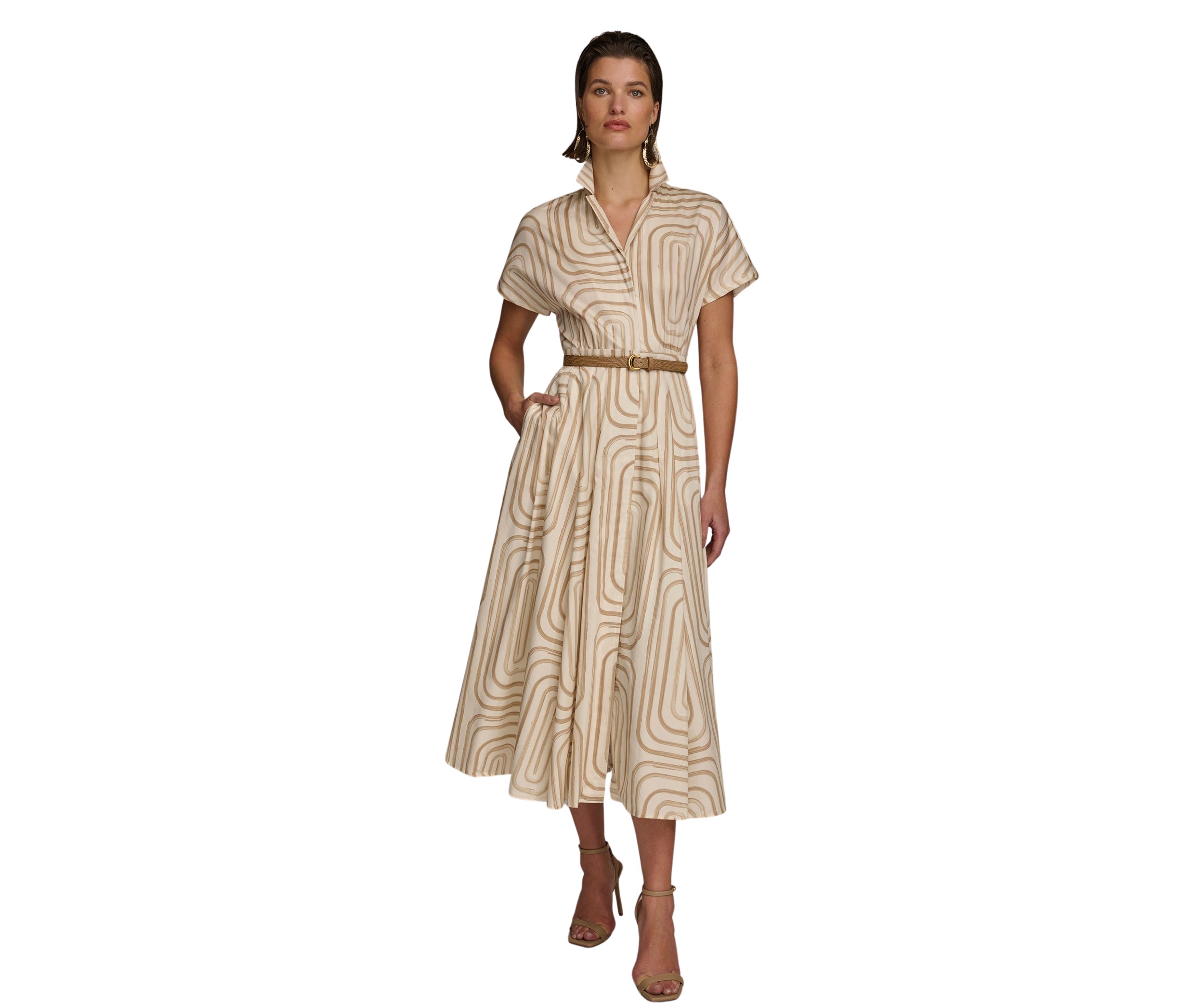 Womens Geo Print Belted Dress