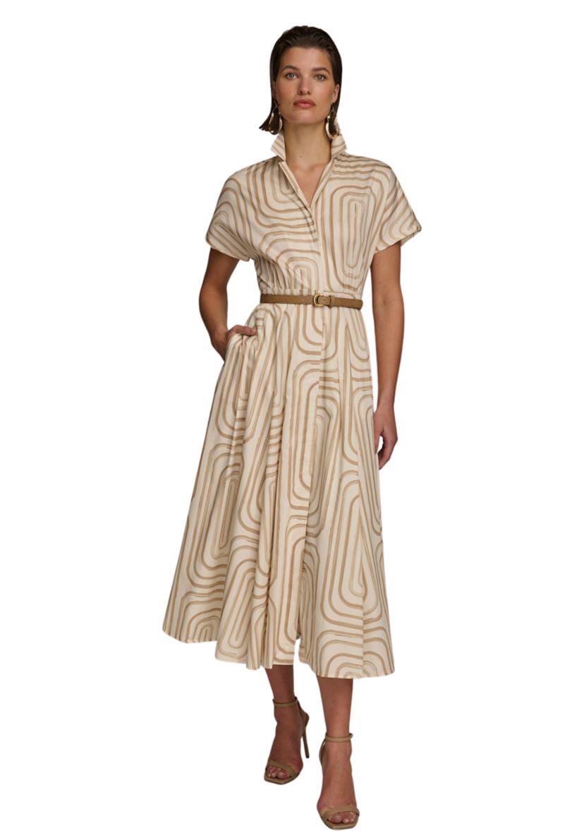 Womens Geo Print Belted Dress