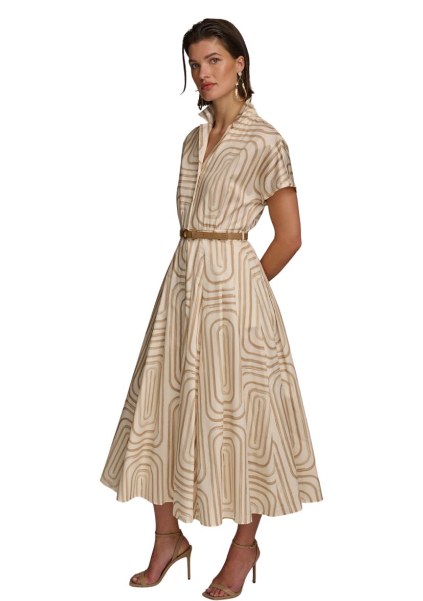 Womens Geo Print Belted Dress