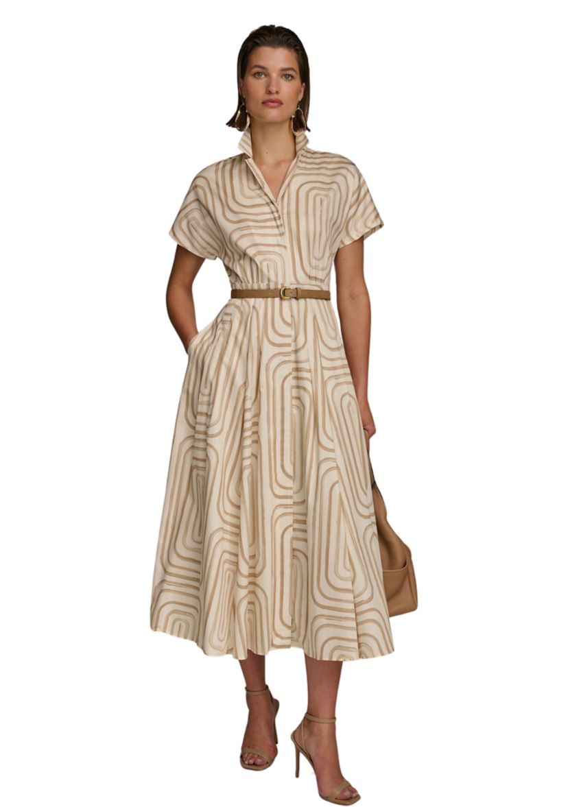 Womens Geo Print Belted Dress