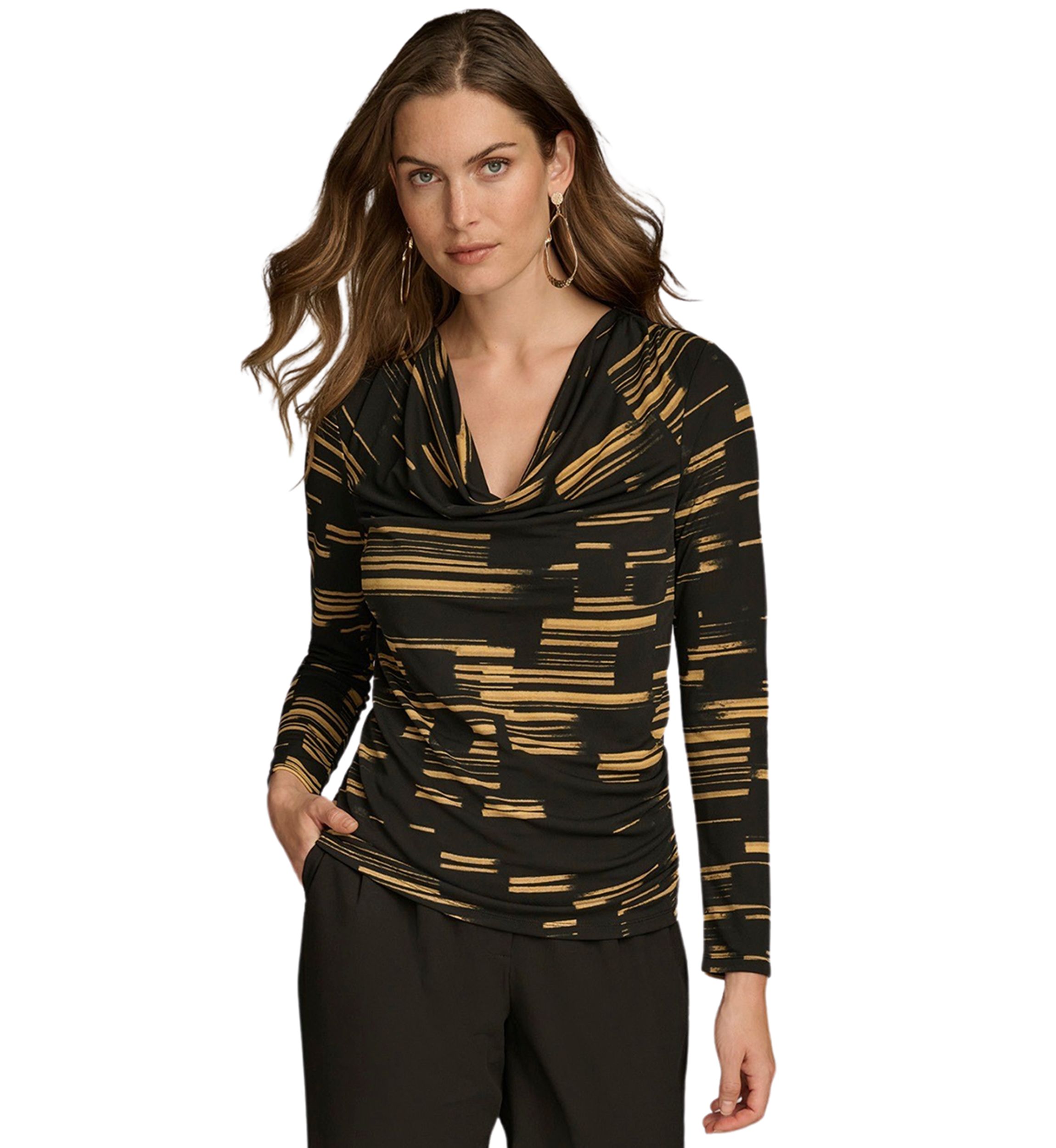 Womens Long Sleeve Cowl Neck Printed Knit Top