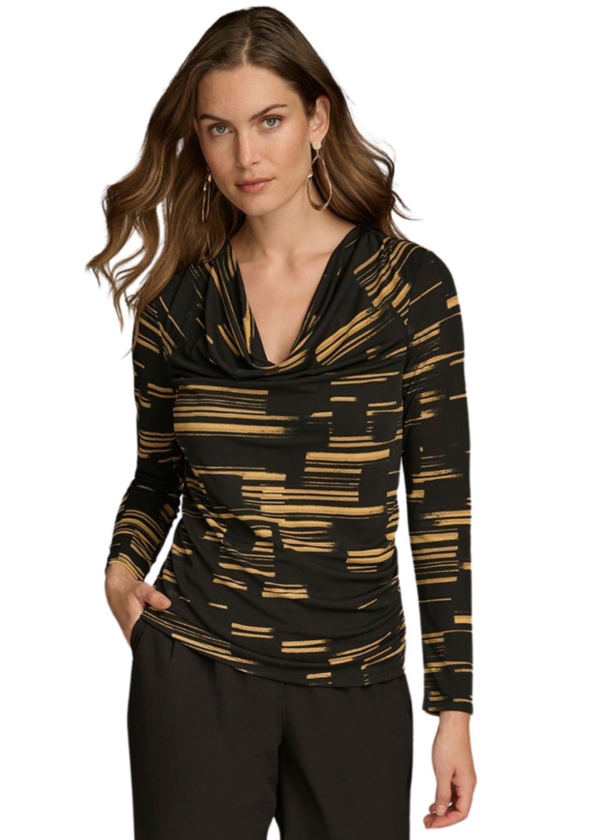 Womens Long Sleeve Cowl Neck Printed Knit Top