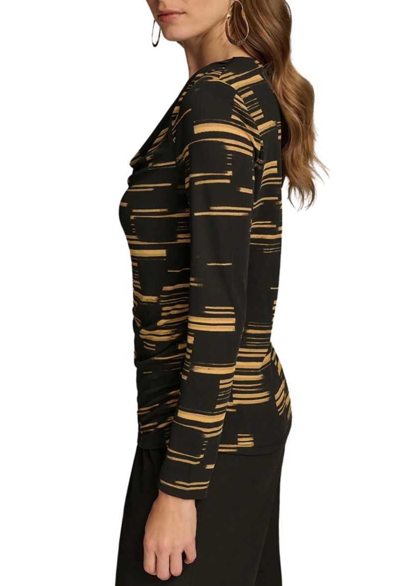 Womens Long Sleeve Cowl Neck Printed Knit Top