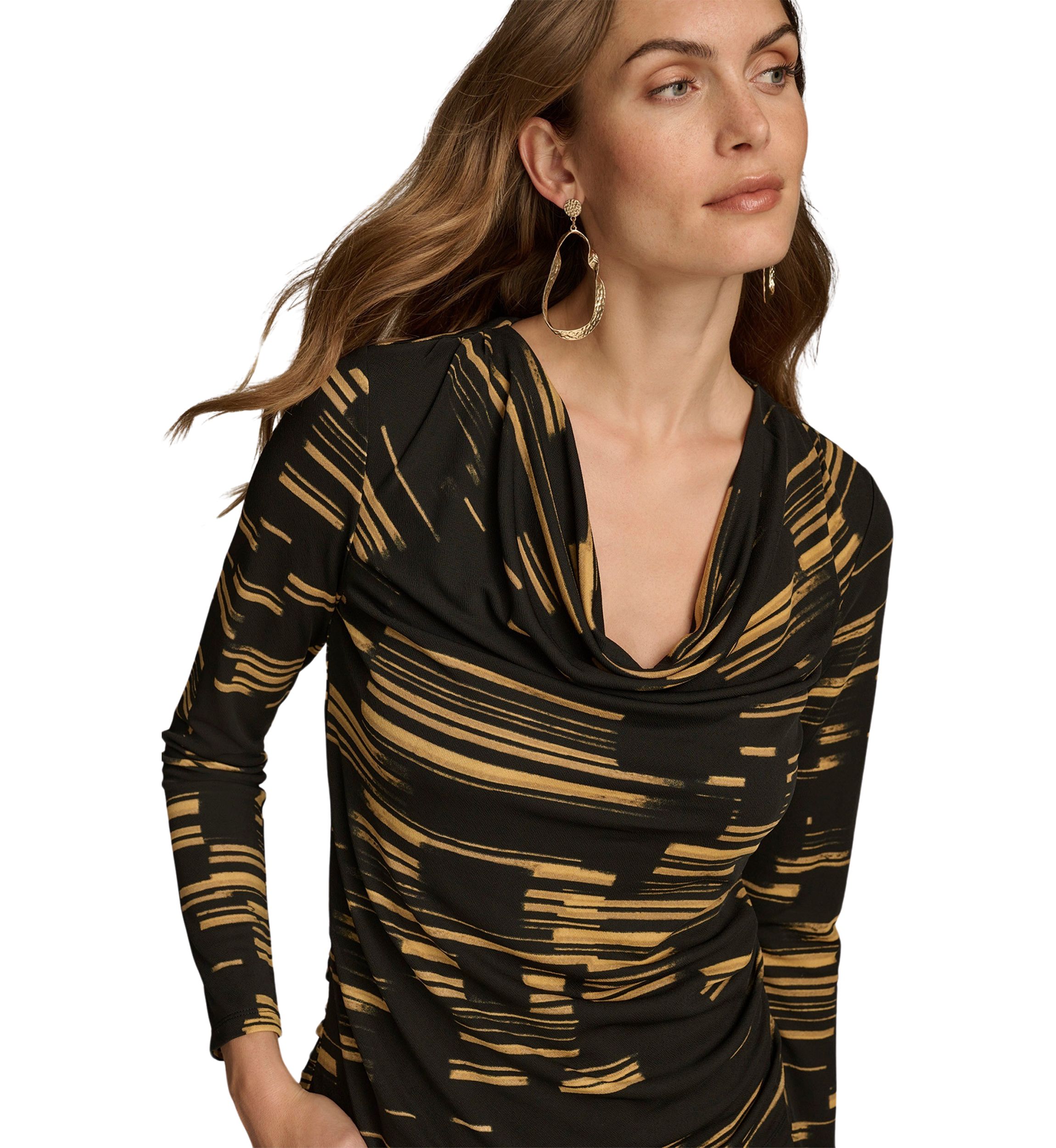 Womens Long Sleeve Cowl Neck Printed Knit Top