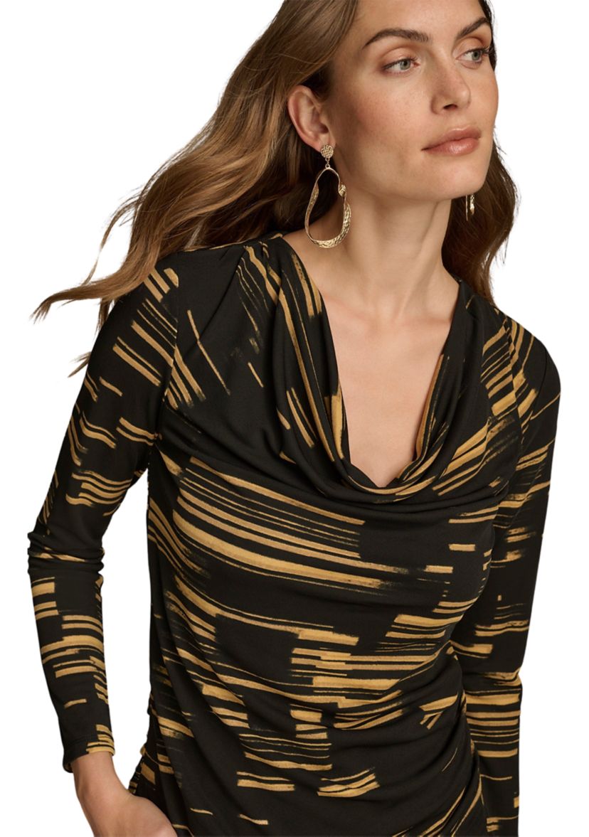 Womens Long Sleeve Cowl Neck Printed Knit Top