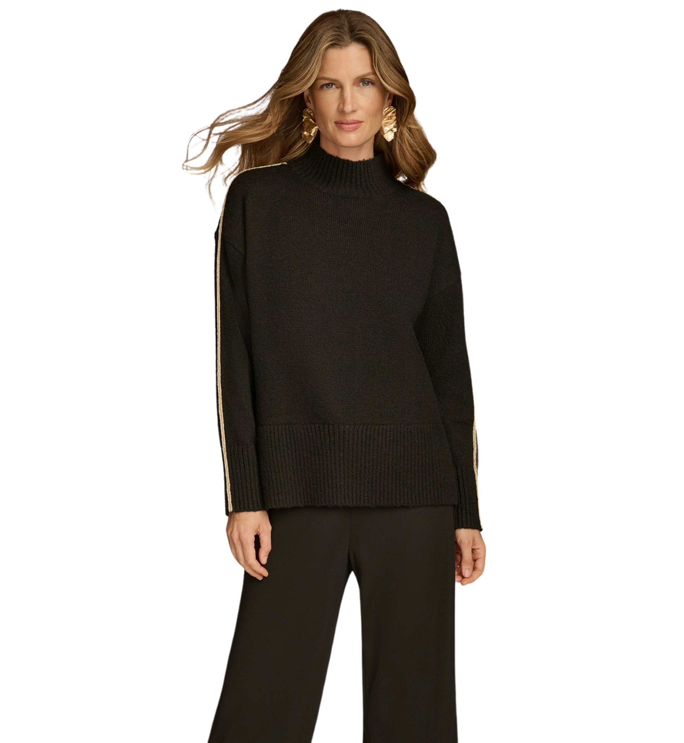 Womens Gold Stripe Mock Neck Sweater