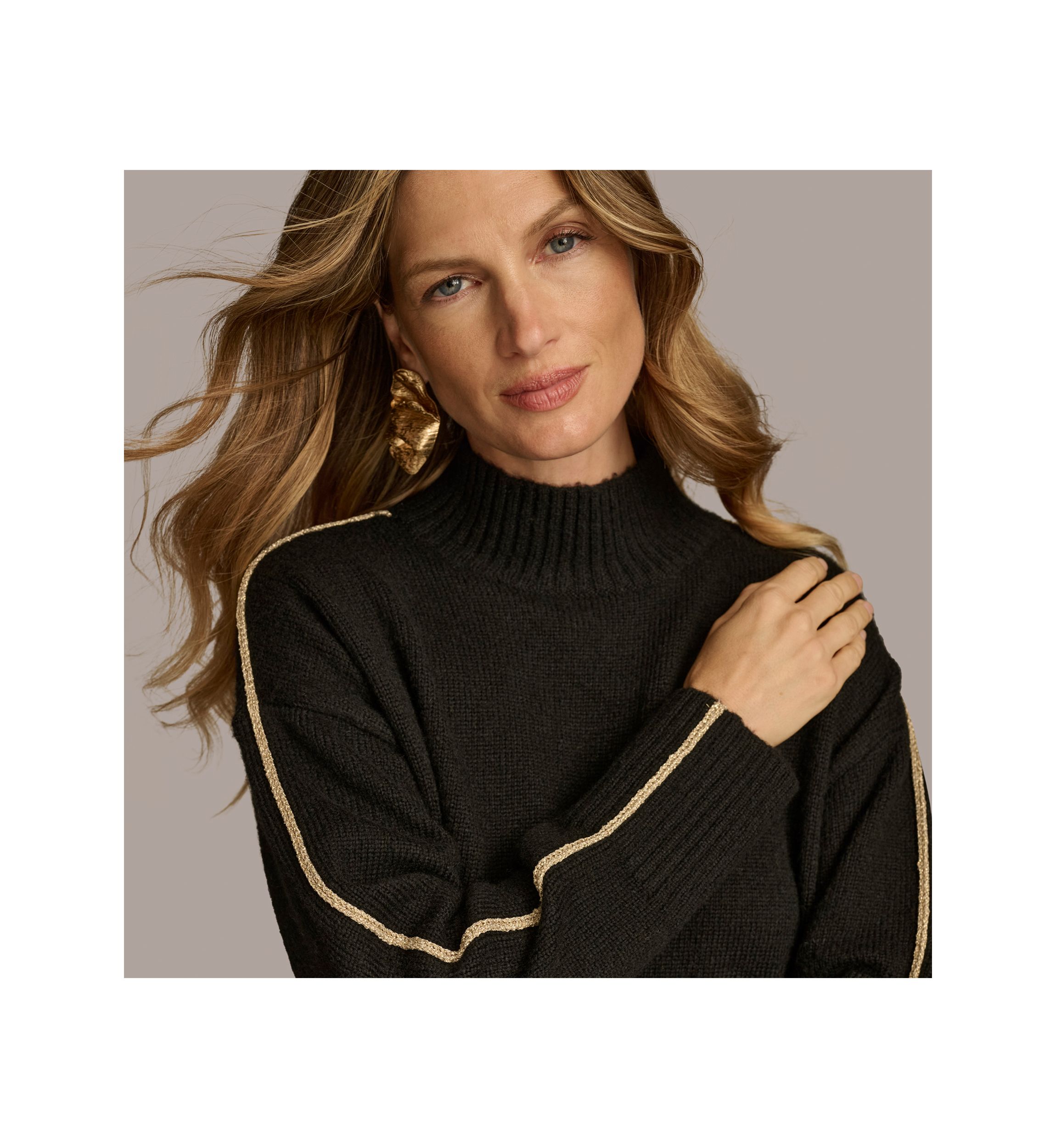 Womens Gold Stripe Mock Neck Sweater