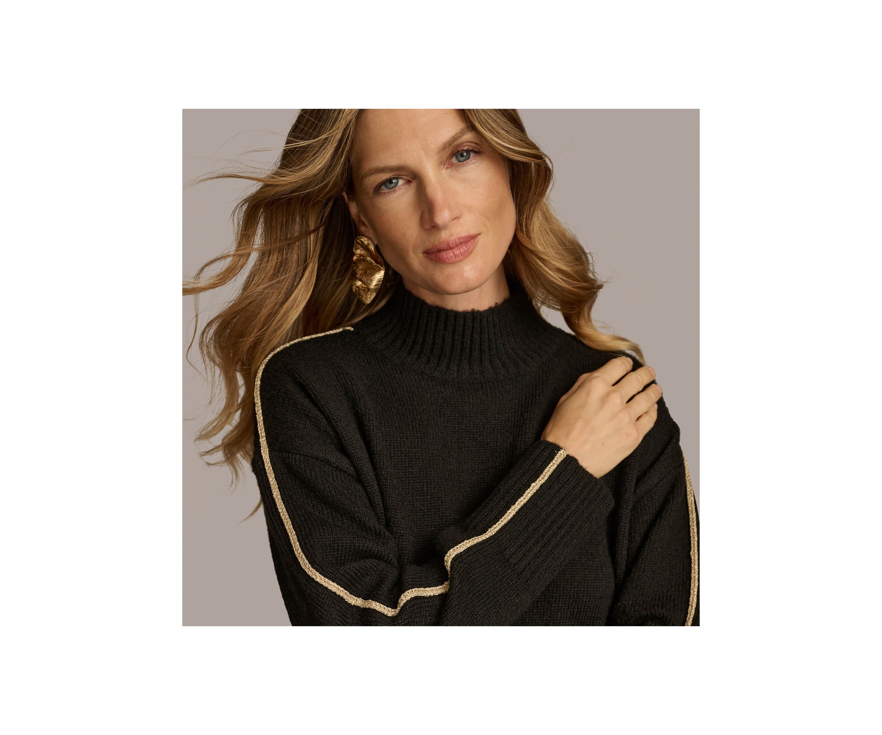 Womens Gold Stripe Mock Neck Sweater
