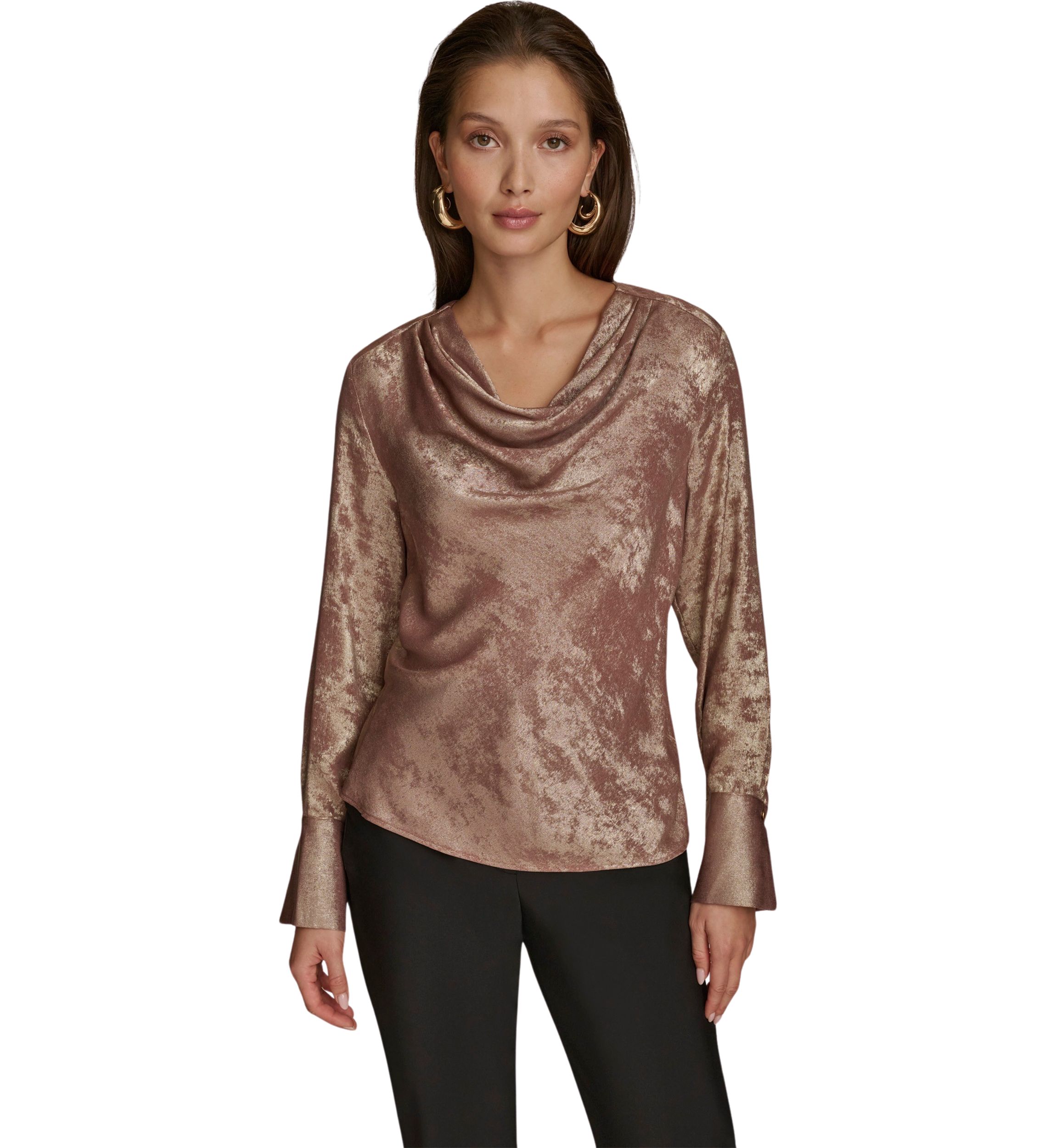 Womens Long Sleeve Cowl Neck Metallic Blouse