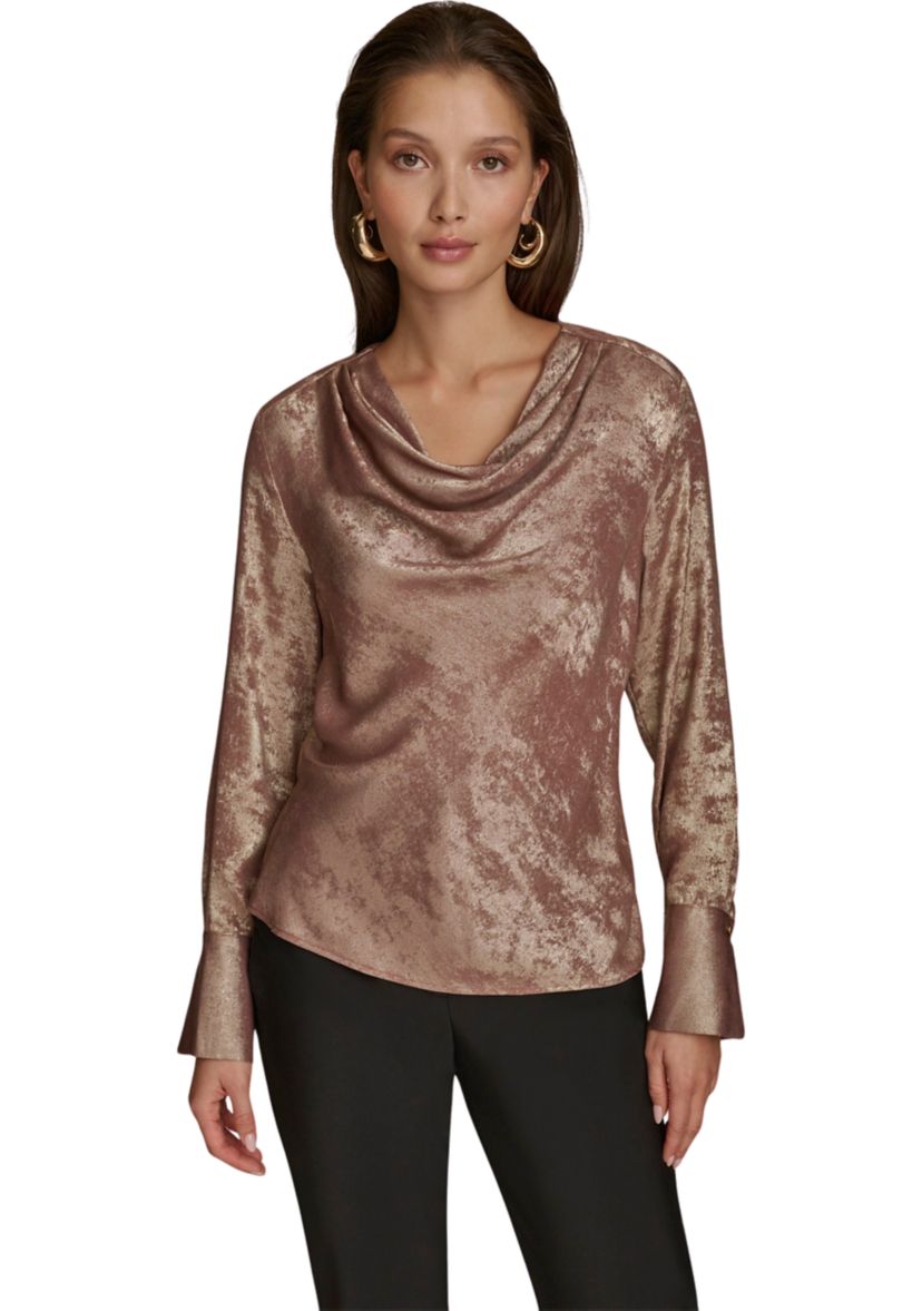 Womens Long Sleeve Cowl Neck Metallic Blouse