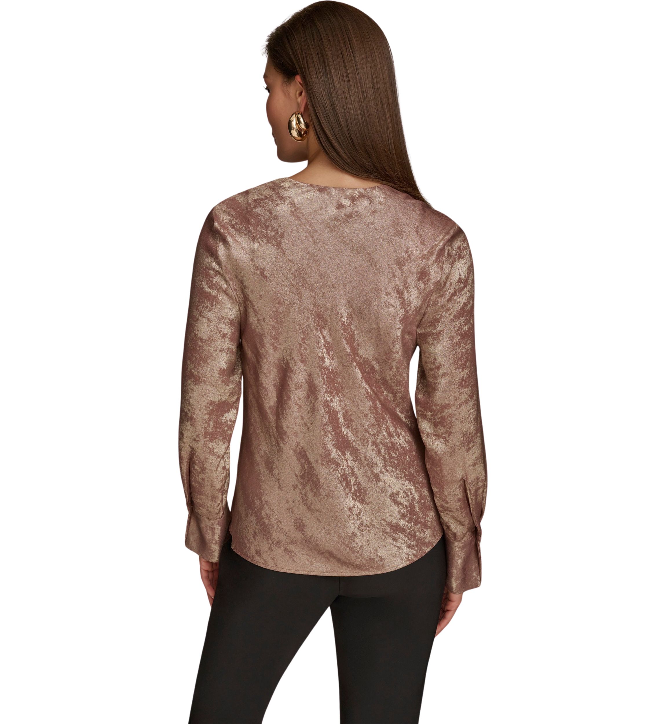 Womens Long Sleeve Cowl Neck Metallic Blouse