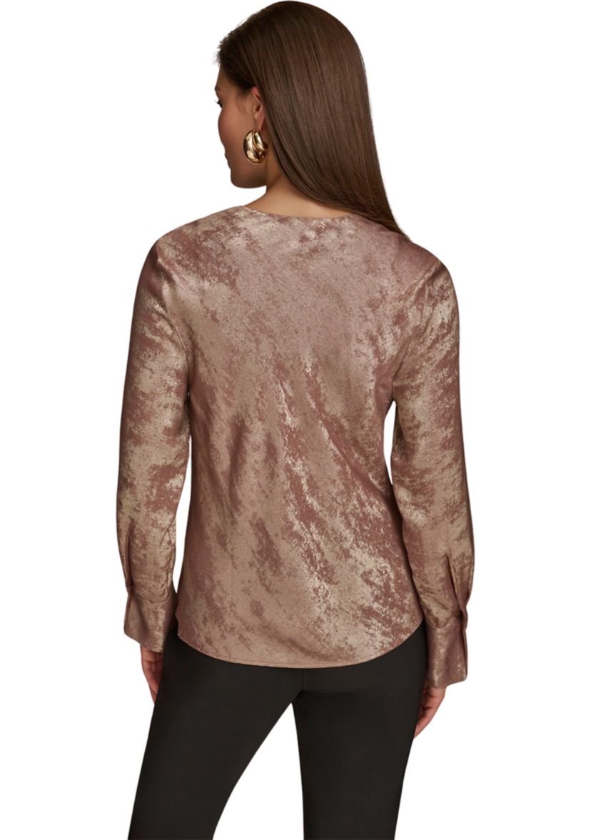 Womens Long Sleeve Cowl Neck Metallic Blouse