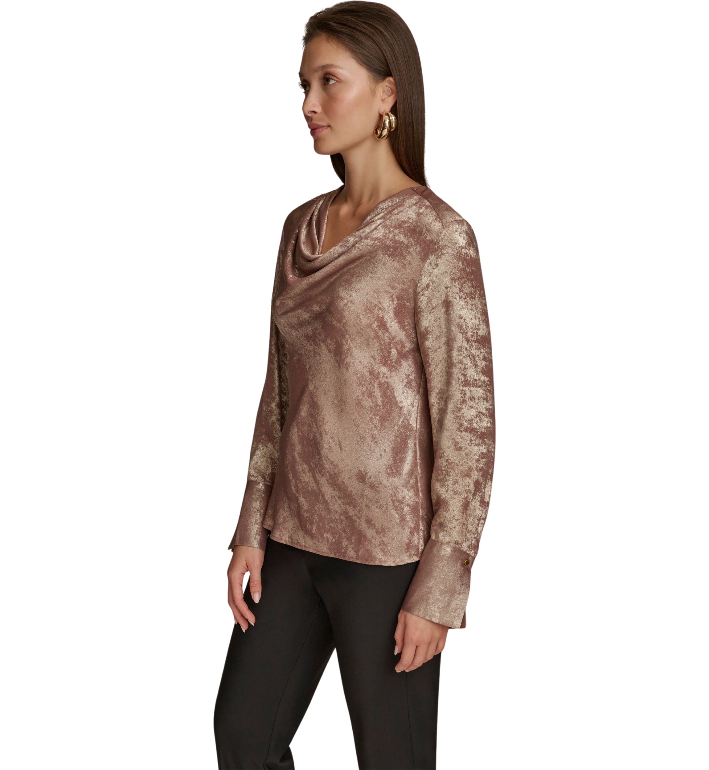 Womens Long Sleeve Cowl Neck Metallic Blouse