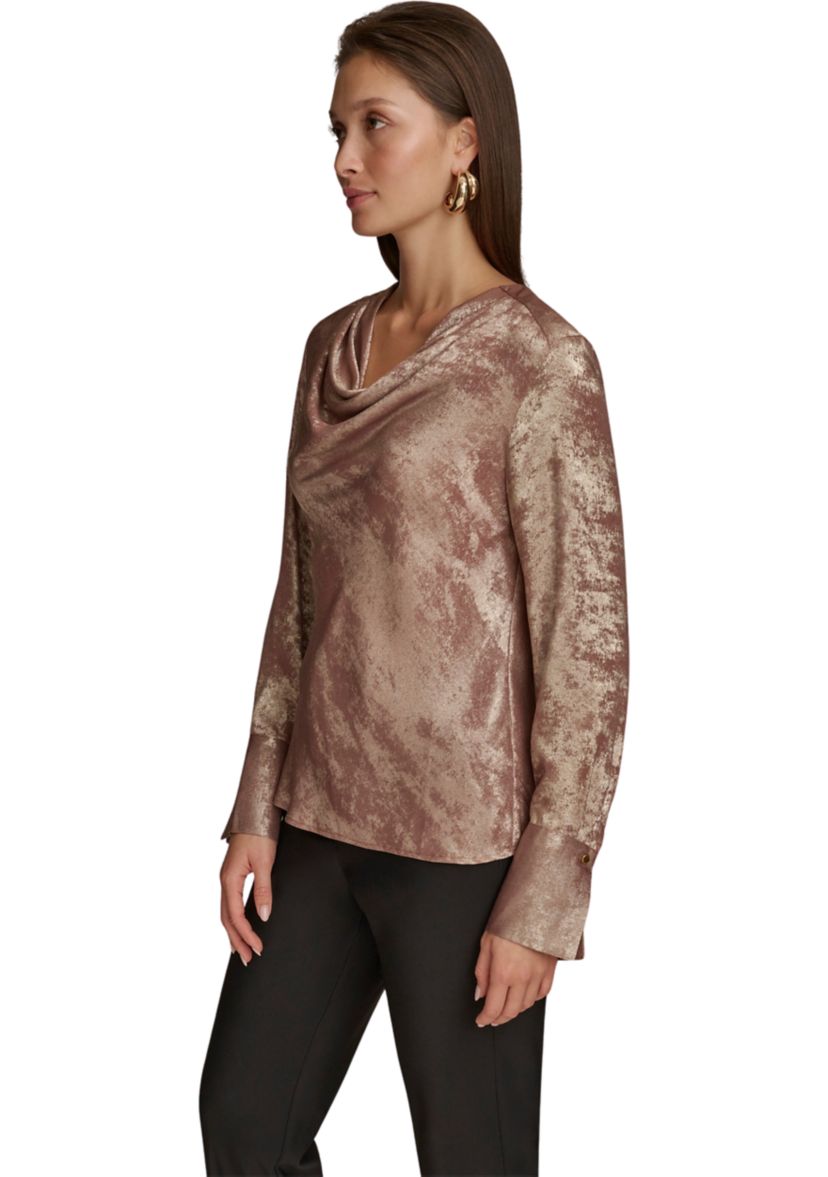 Womens Long Sleeve Cowl Neck Metallic Blouse