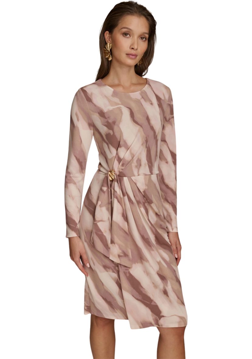 Womens Long Sleeve Printed Side Ruched Dress