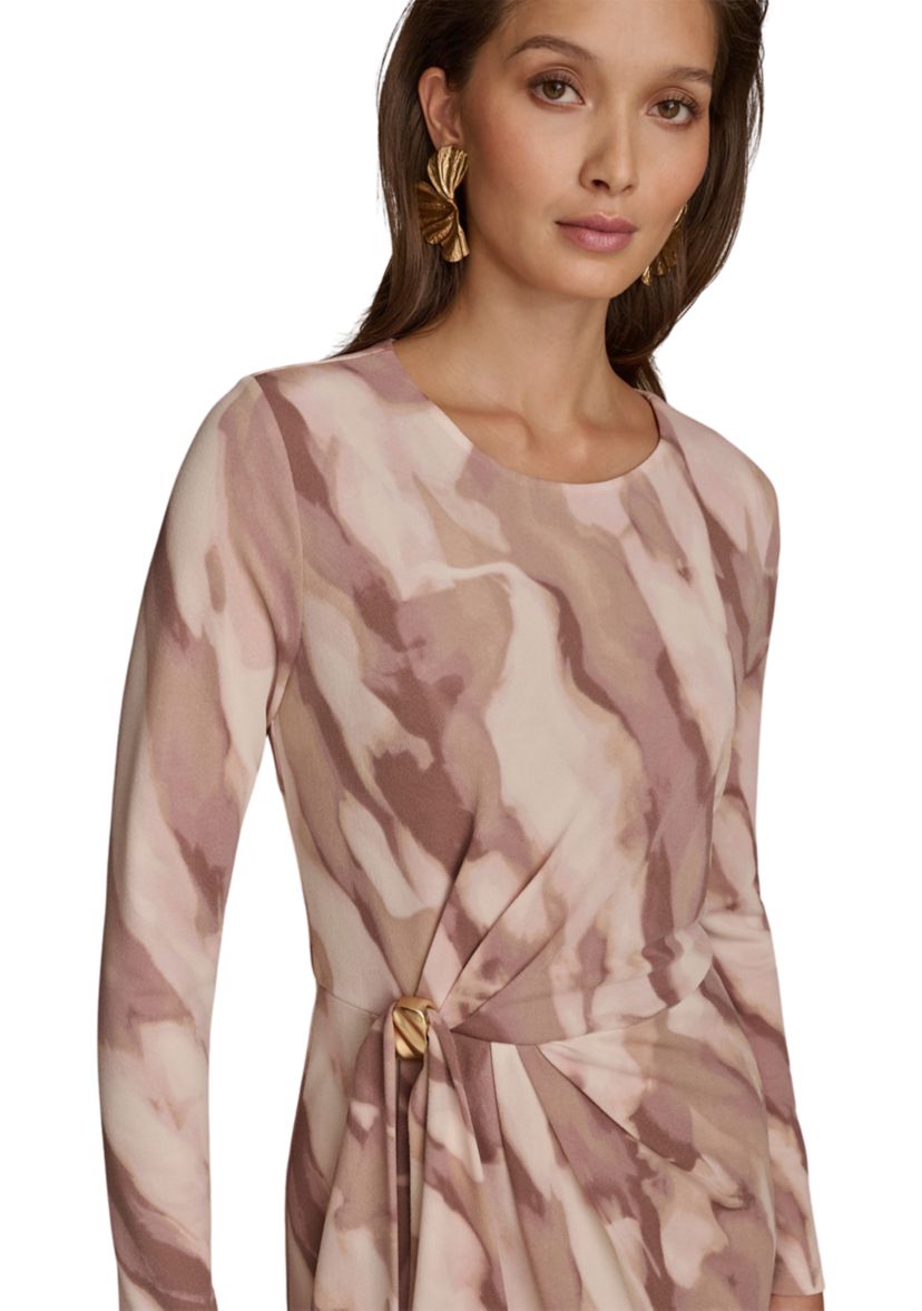 Womens Long Sleeve Printed Side Ruched Dress