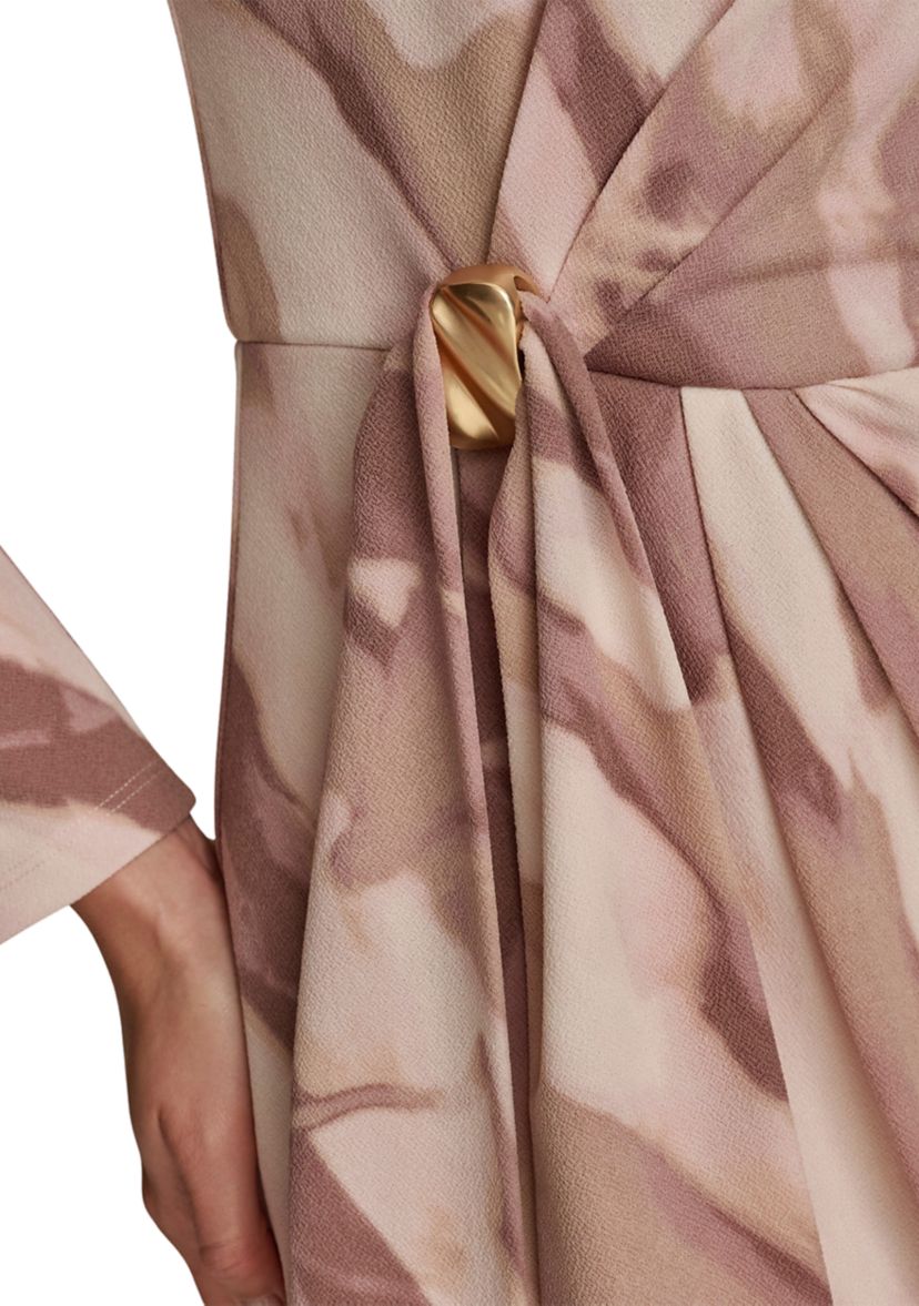 Womens Long Sleeve Printed Side Ruched Dress
