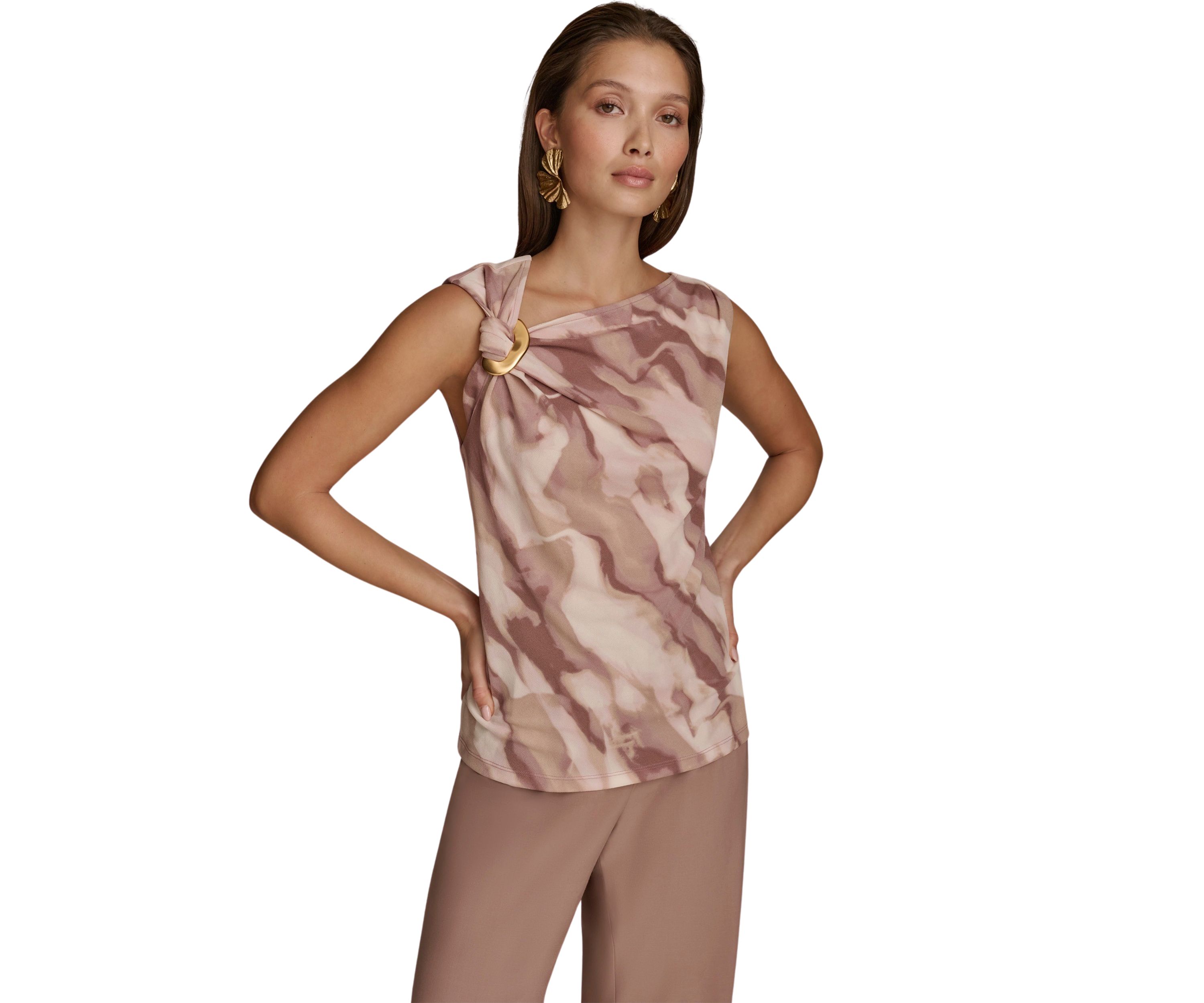 Womens Sleeveless Asymmetric Neck Hardware Printed Knit Top
