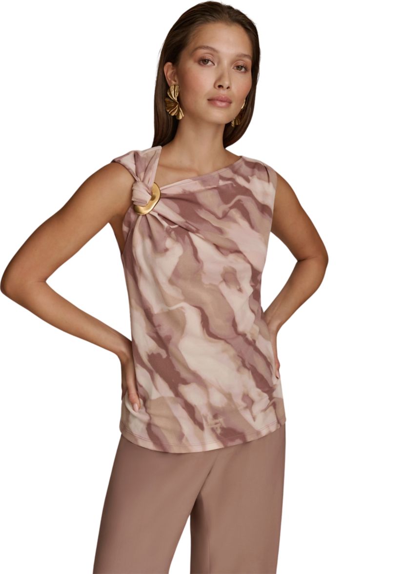 Womens Sleeveless Asymmetric Neck Hardware Printed Knit Top