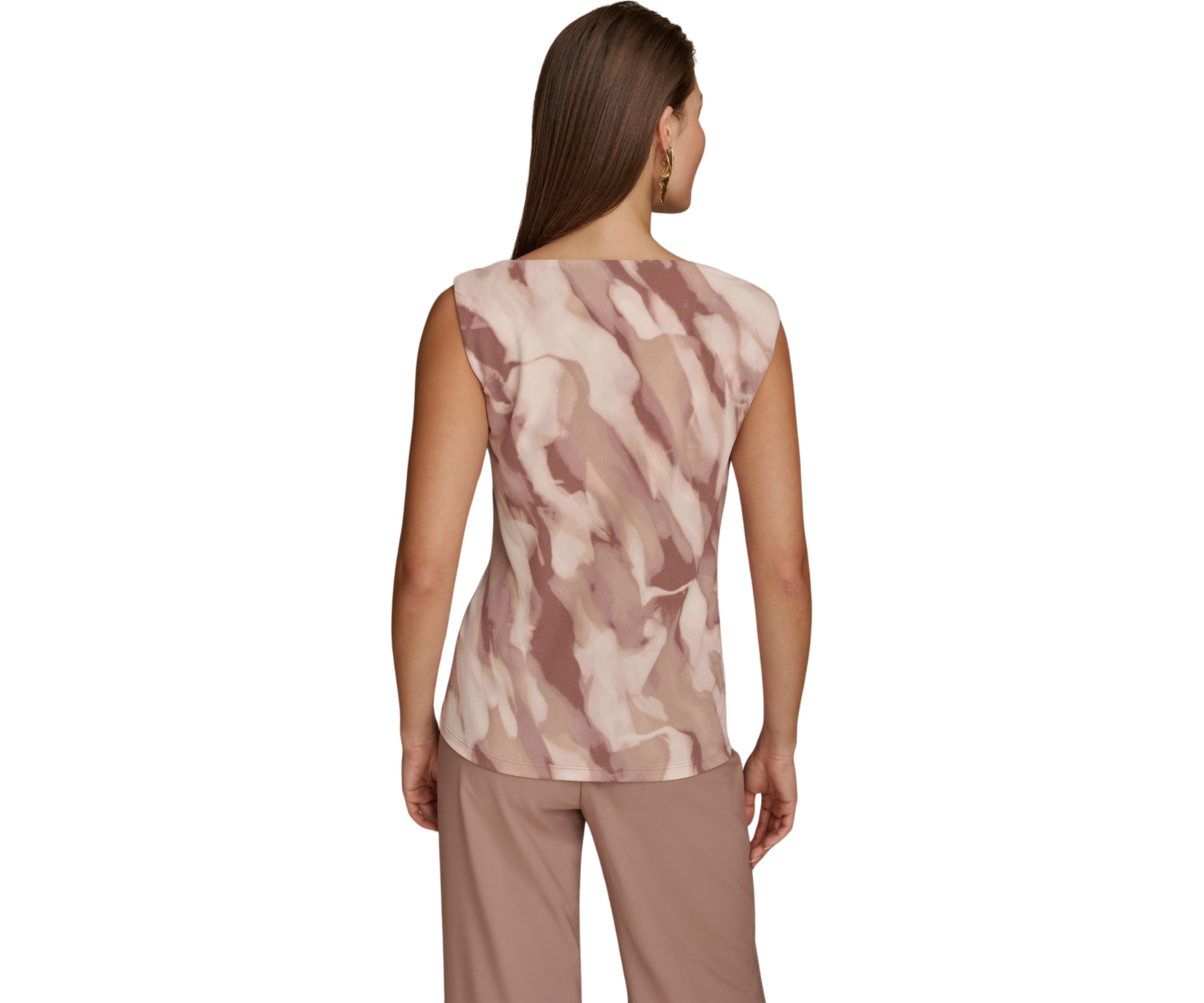 Womens Sleeveless Asymmetric Neck Hardware Printed Knit Top