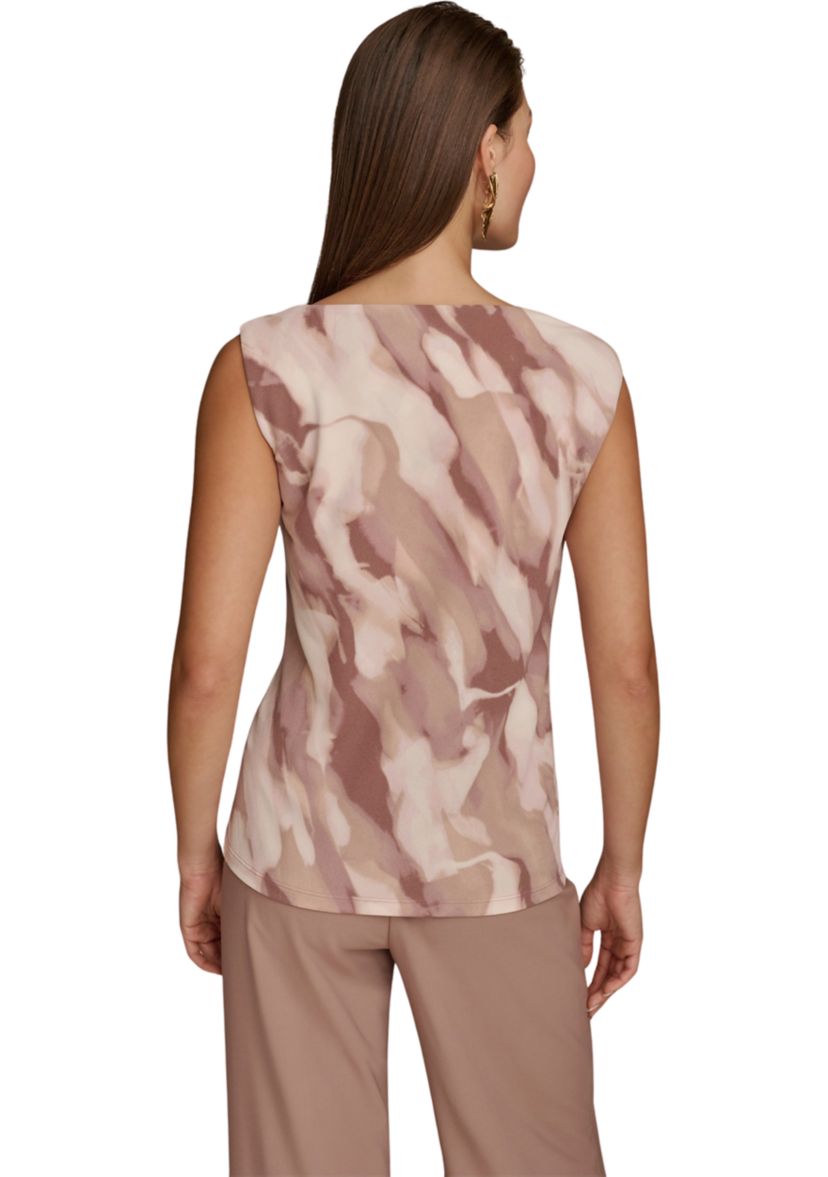 Womens Sleeveless Asymmetric Neck Hardware Printed Knit Top