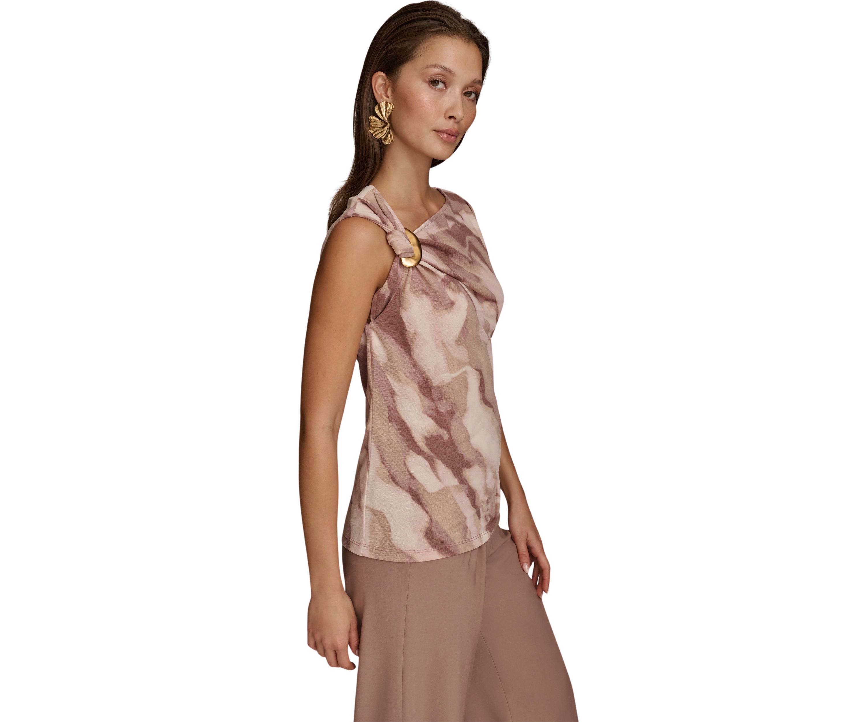 Womens Sleeveless Asymmetric Neck Hardware Printed Knit Top