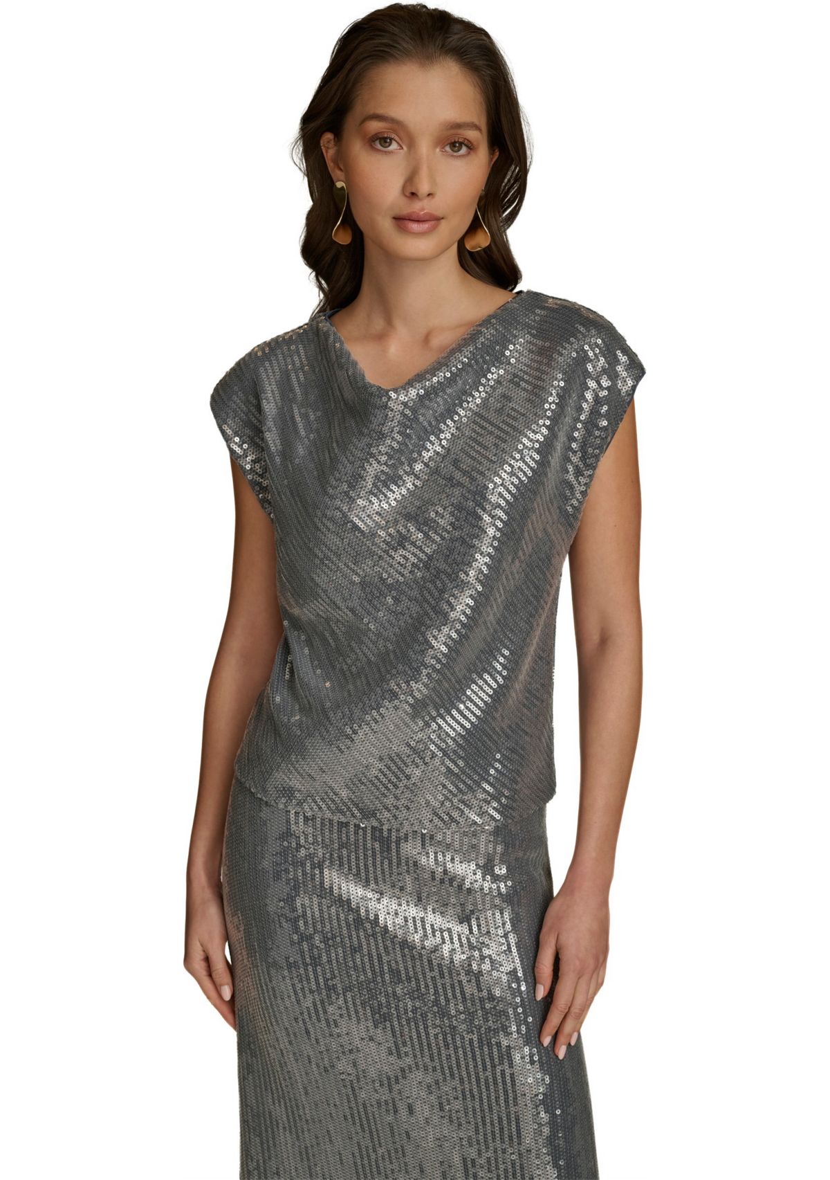 Womens Cap Sleeve Cowl Neck Sequin Mesh Dress